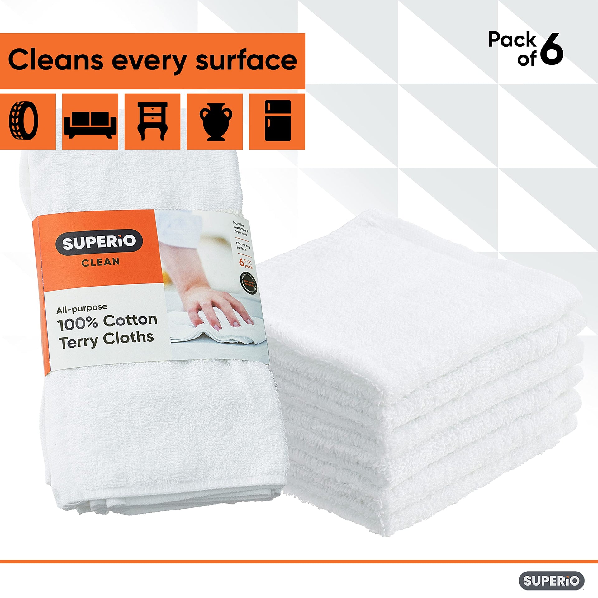 Terry Cloth Rags White Washcloths 100% Cotton 12" Cleaning Cloths (6 Count)