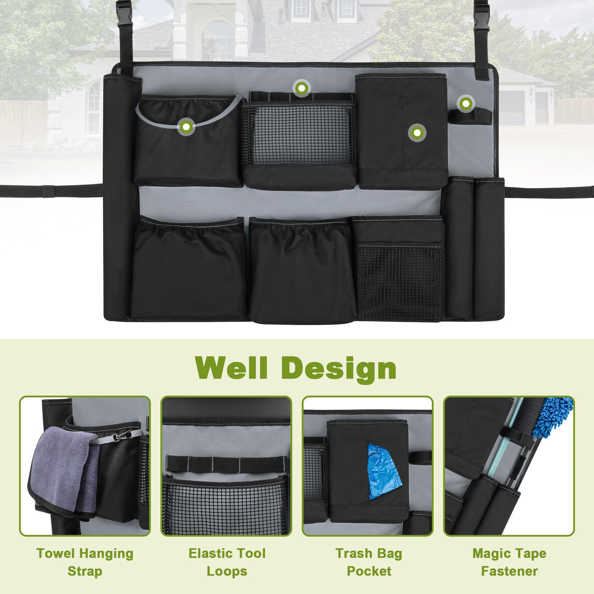 32 55 Gallon Trash Can Caddy Bag with Multi Pockets for Clean Tools