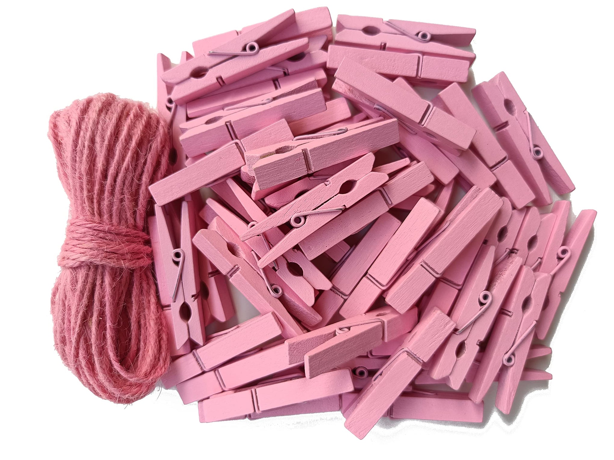1.9" Pink Wooden Clothes Pins DIY Photo Garland Baby Shower Bag Clips Decorative Clothespins with Jute Twine Pack 50 (50 Count)