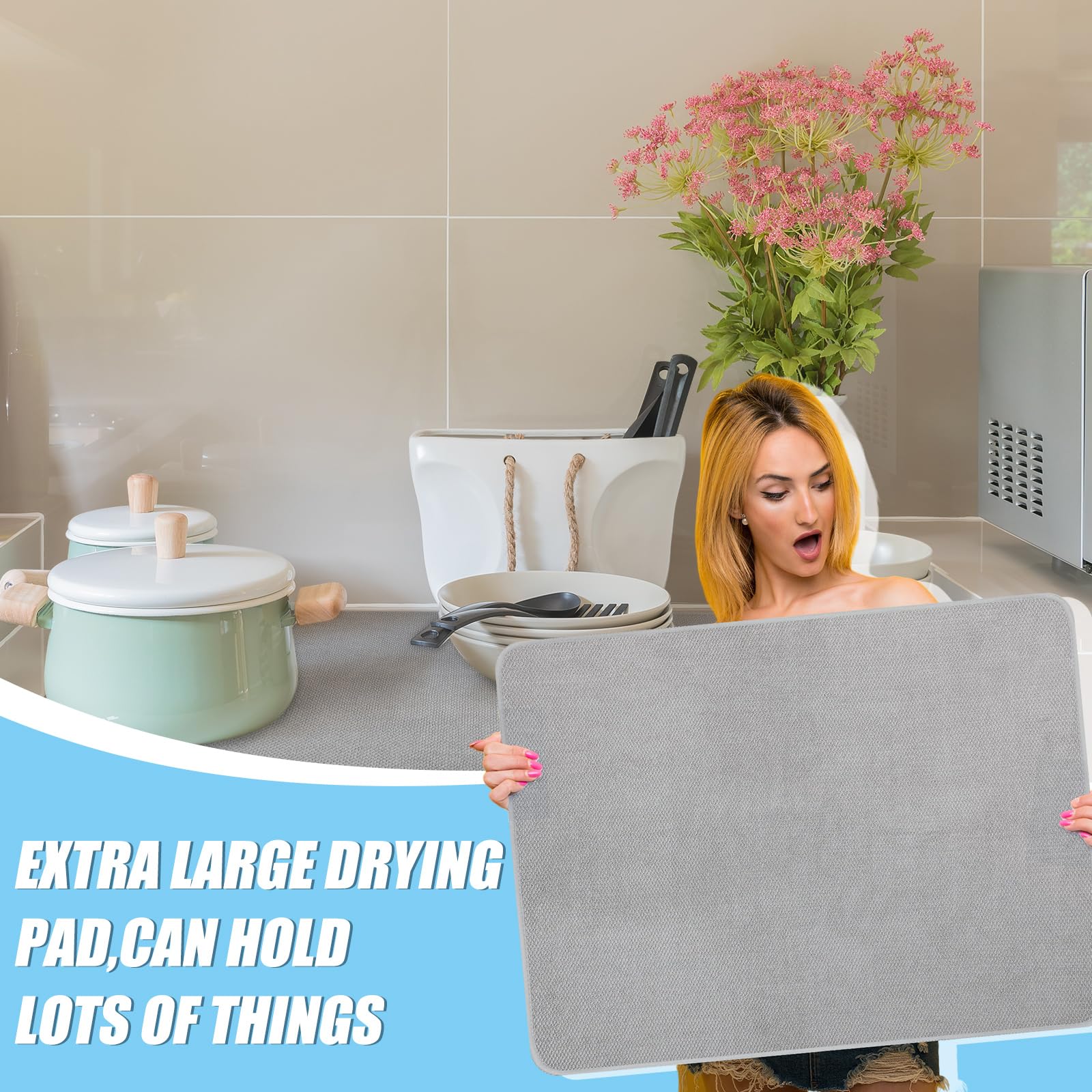 2 Pack Extra Large Dish Drying Mat Microfiber Absorbent Dish Drying Pad Large Size Dishes Drainer Mats for Countertop