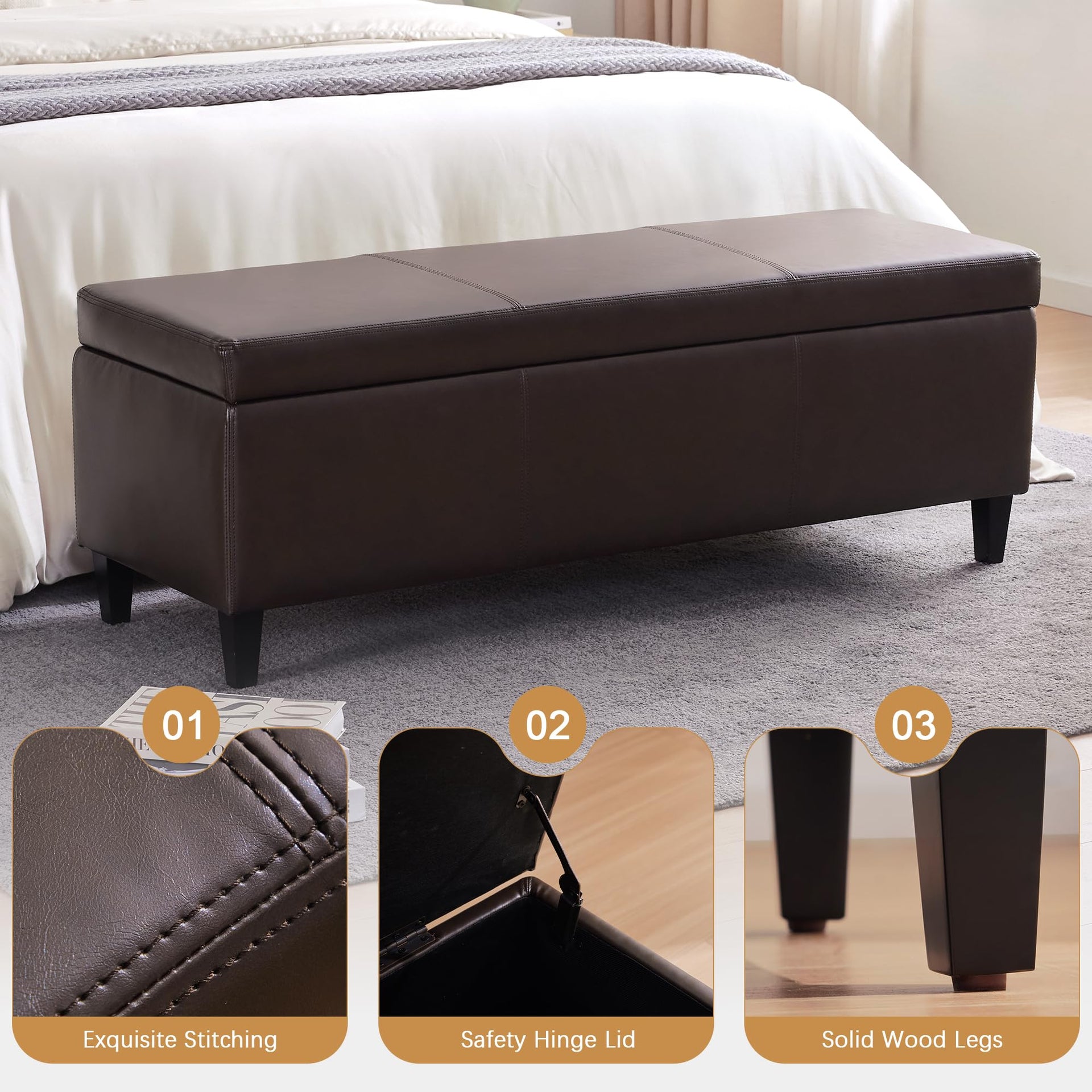 Faux Leather Storage Ottoman Bench 50.3 Inch Extra Long PU Upholstered Bedroom Bench with Large Storage Space for The Living Room