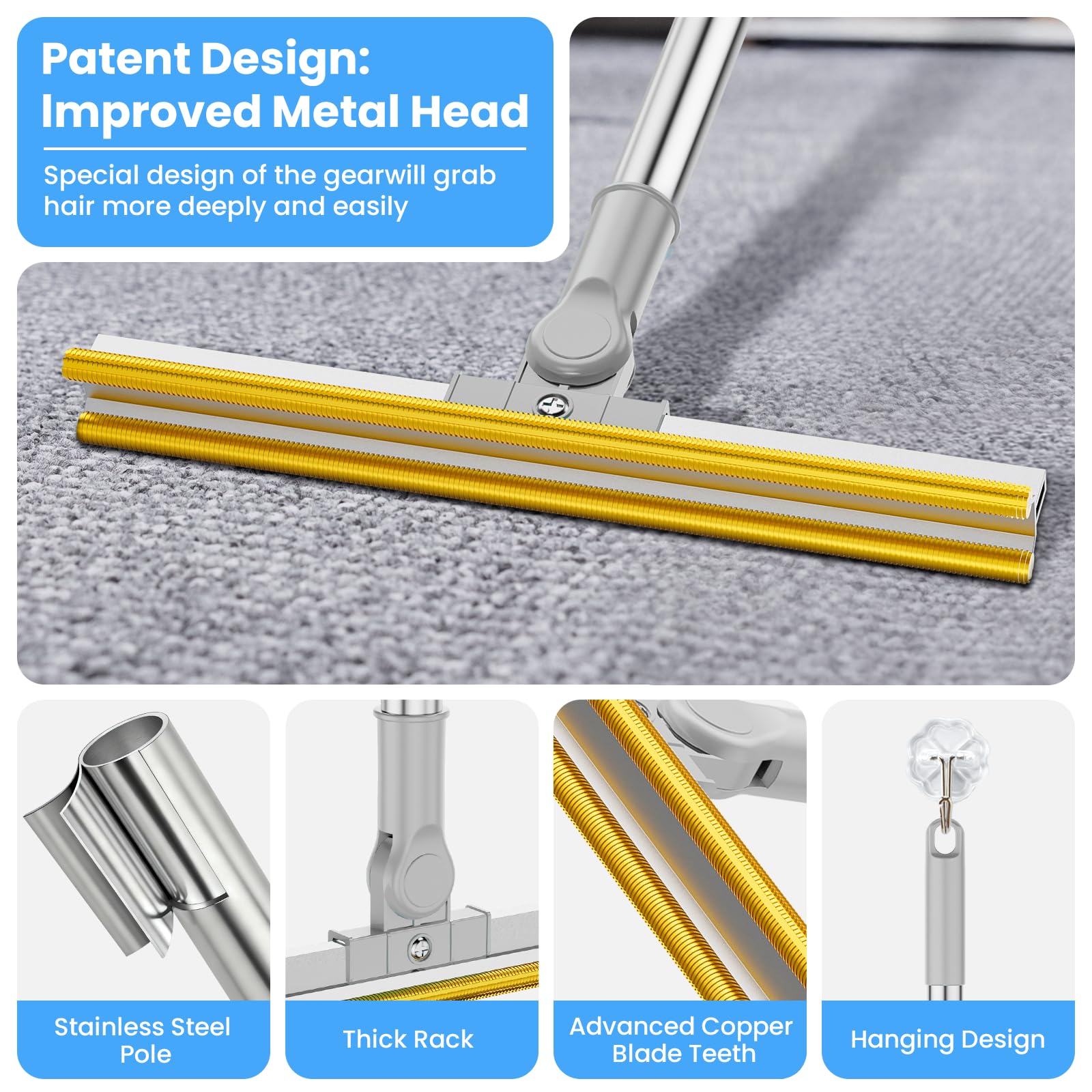 3 in 1 Carpet Rake for Pet Hair Removal