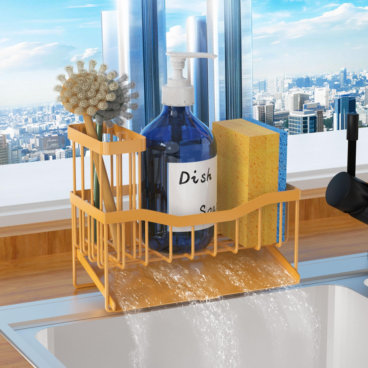 Maifan Sink Caddy Sponge Holder for Kitchen with Brush Holder and Stainless Steel Self Drain Tray