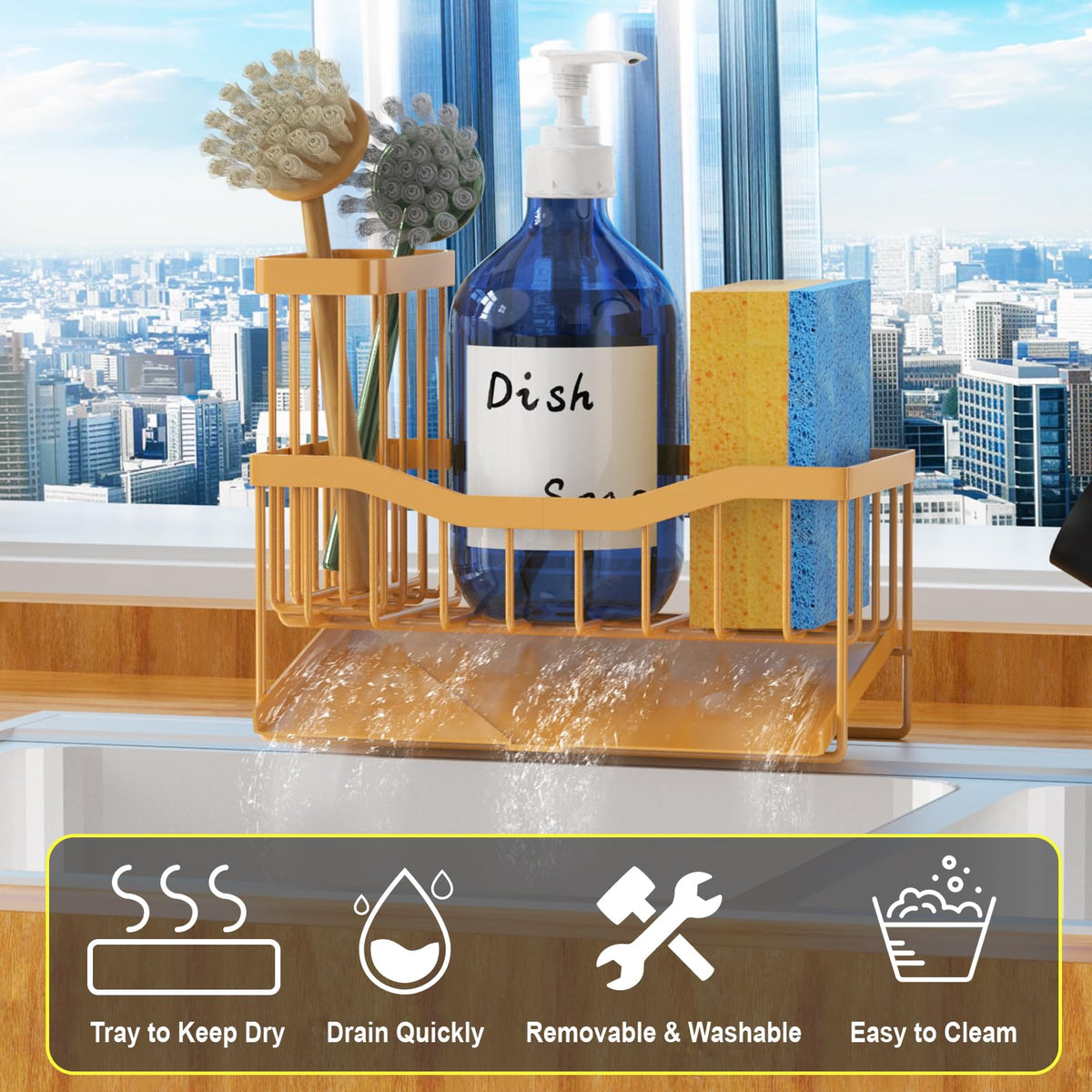 Maifan Sink Caddy Sponge Holder for Kitchen with Brush Holder and Stainless Steel Self Drain Tray