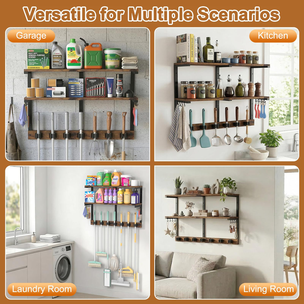 Wall Mount Broom Holder Laundry Room Storage Organizer Shelves