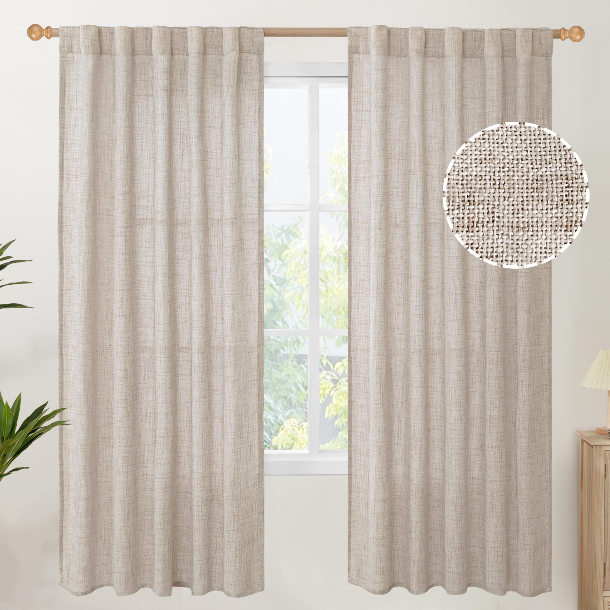 Natural Linen Semi Sheer Curtains 42X72 Inch Length 2 Panels (2 Count)