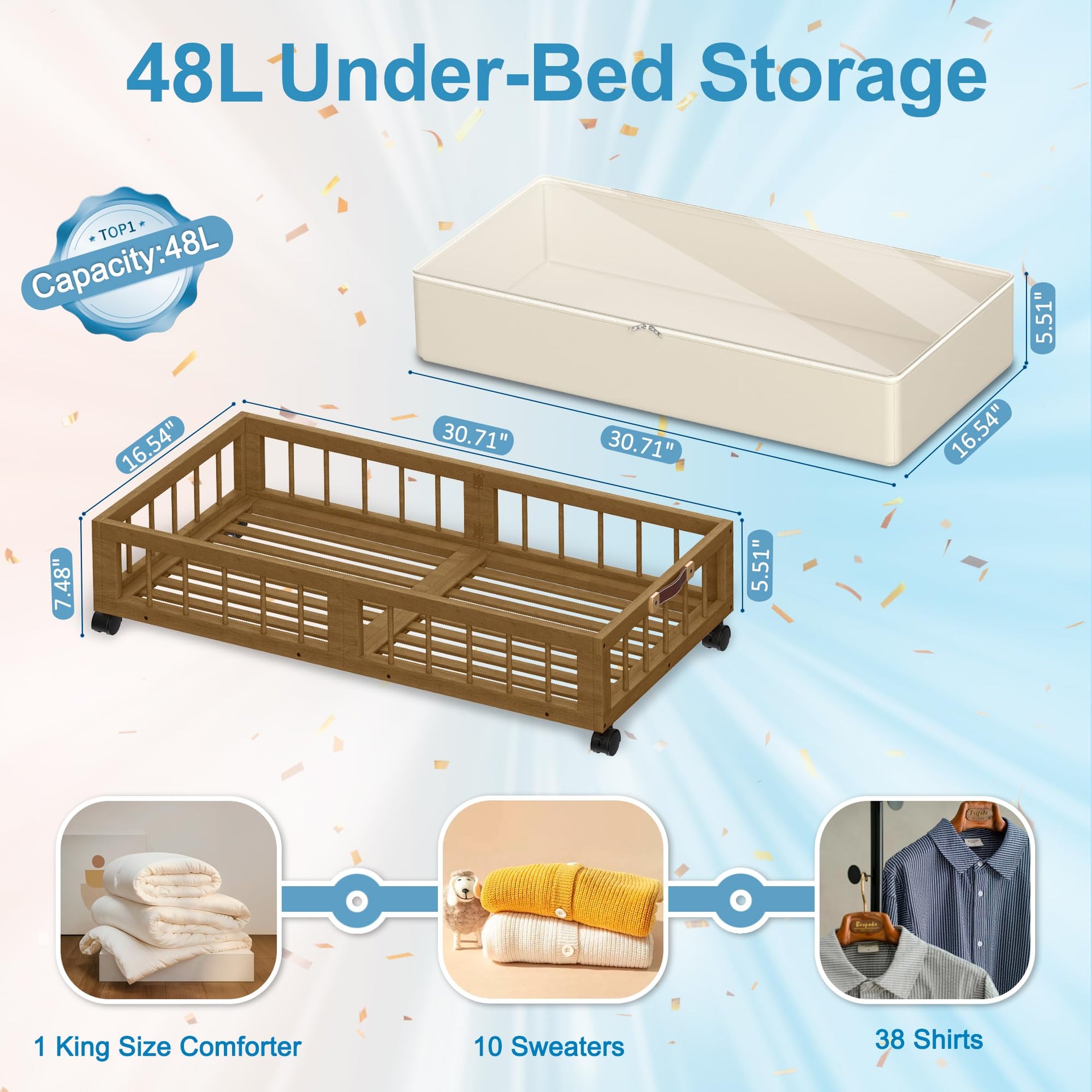 2 Pack Bamboo Under Bed Storage with Wheels (2 Count)