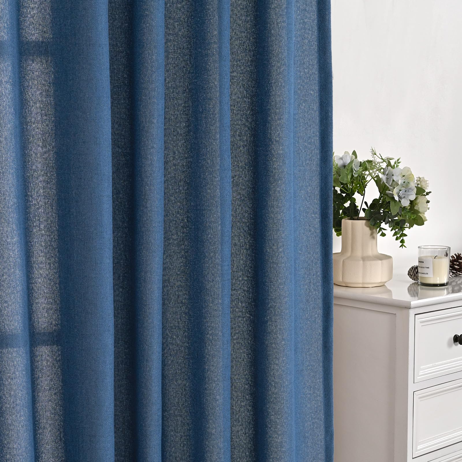 Navy Blue Linen Curtains 48 Inch Length (2 Count)