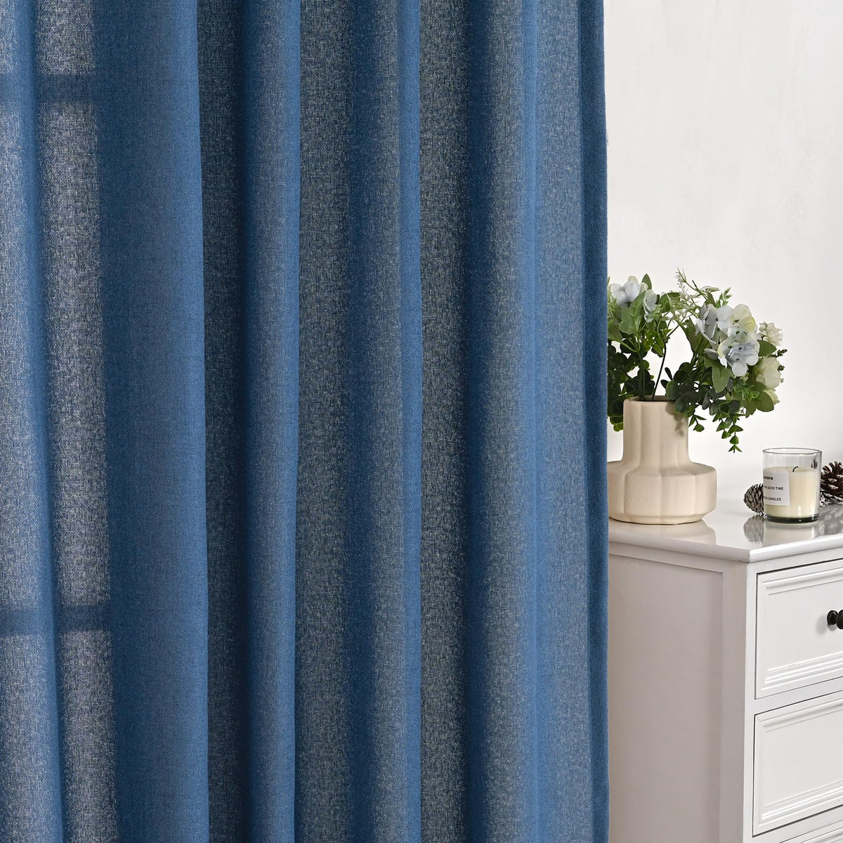 Navy Blue Linen Curtains Light Filtering (2 Count)