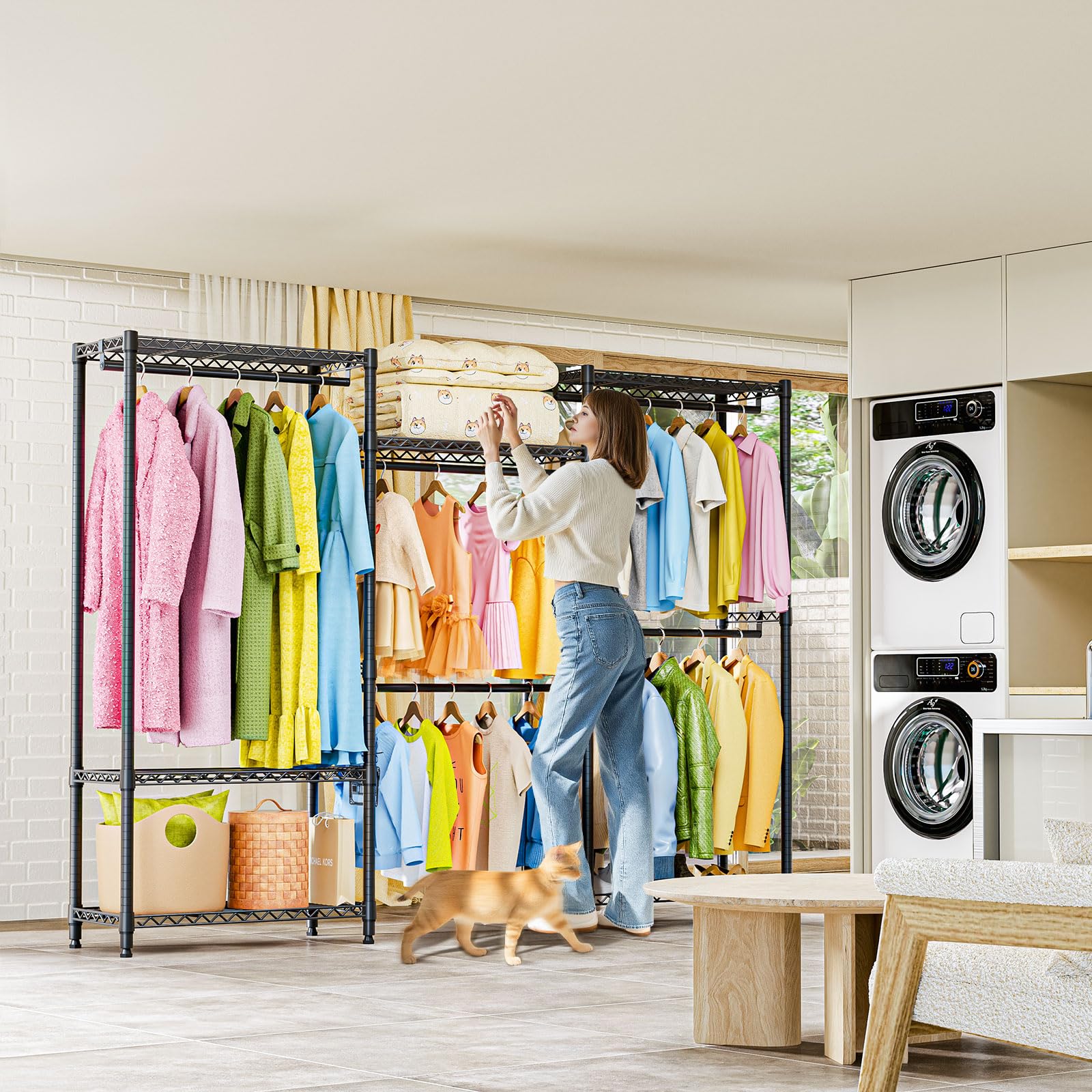 Heavy Duty Rolling Garment Rack 6 Tiers Adjustable Wire Shelving Clothes Rack with Rods Storage Closet Clothing Rack Black 15.7" D x 70.8" W x 76.5" H
