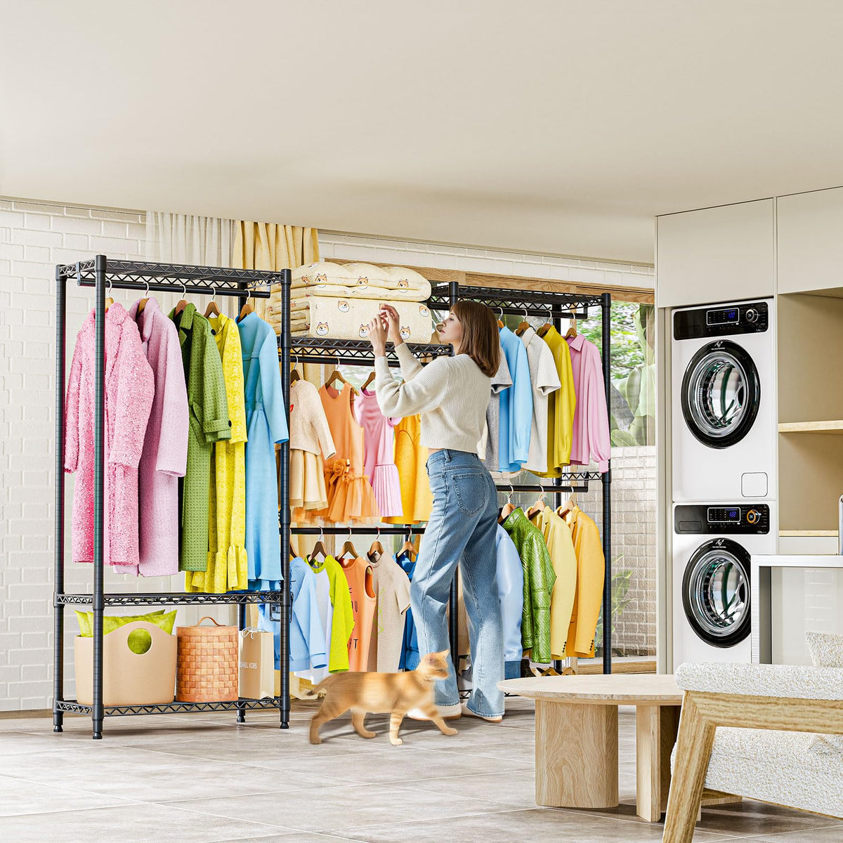 Heavy Duty Rolling Garment Rack 6 Tiers Adjustable Wire Shelving Clothes Rack with Rods Storage Closet Clothing Rack Black 15.7" D x 70.8" W x 76.5" H