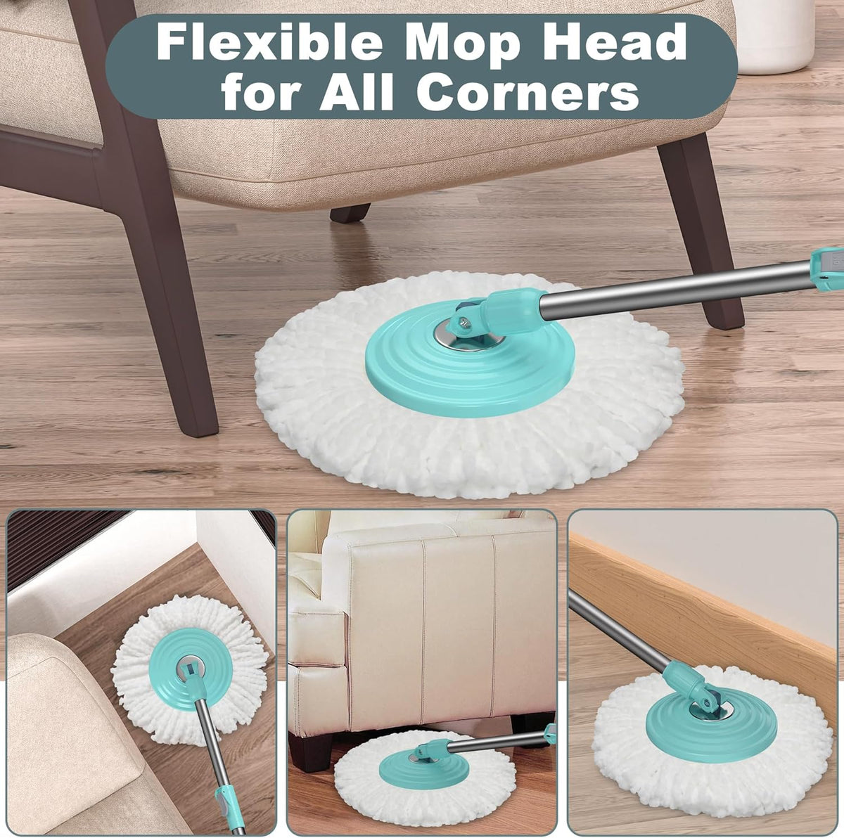 Spin Mop and Bucket System, Mop and Bucket with Wringer Set,Mops for Floor Cleaning,Household Supplies Tools with 6 Replacement Refills,61" Extended Handle for Household Hardwood Floor - Green