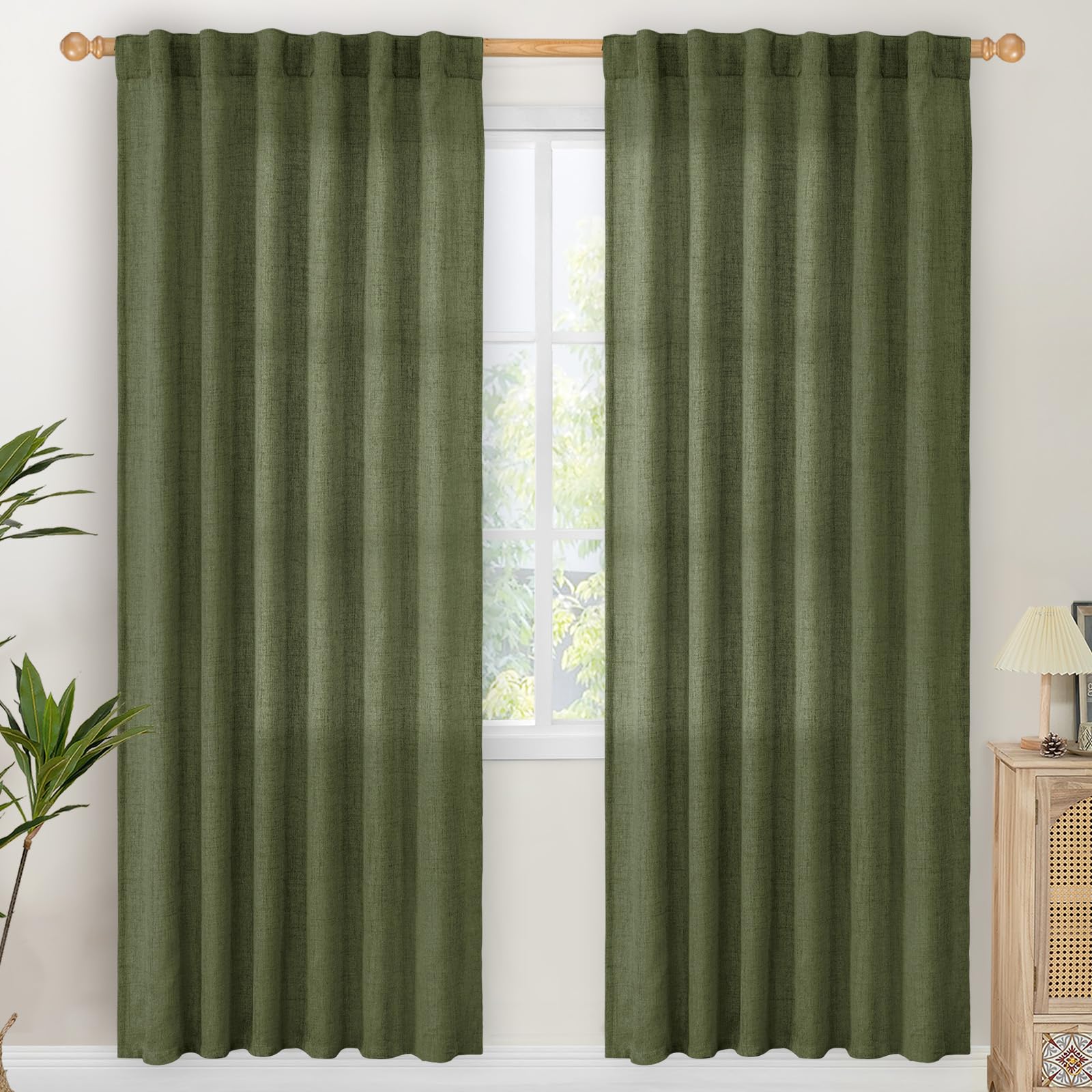 Olive Green Linen Curtains 78 Inch Length for Living Room (2 Count)