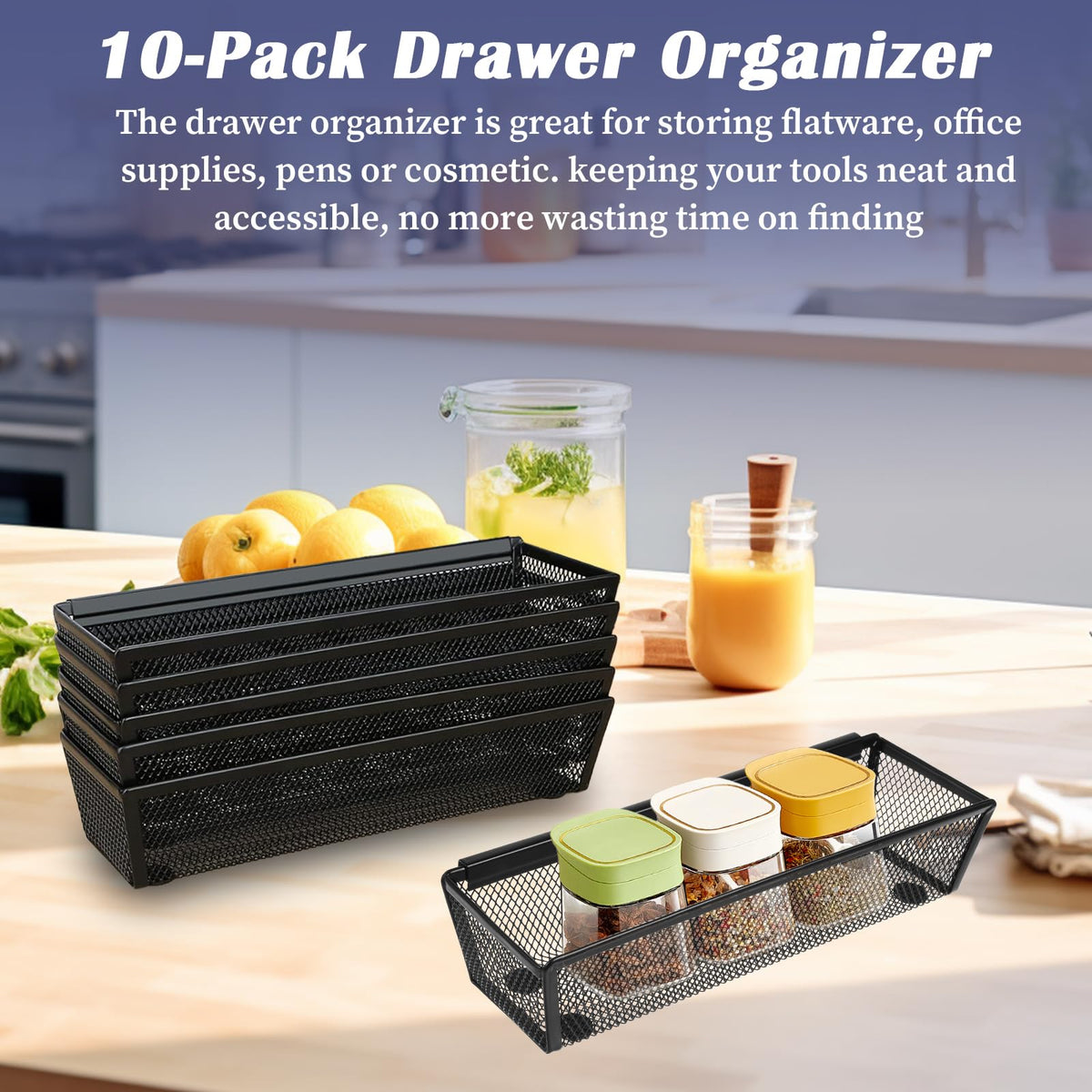 10 Pack Silverware Drawer Organizer 9 x 3 x 2 Inch Mesh Utensil Organizer for Kitchen Drawers with Interlocking Arm for Flatware Knives Spoons Fork Cosmetic Utensil Tabletop Storage Tray (10 Count)