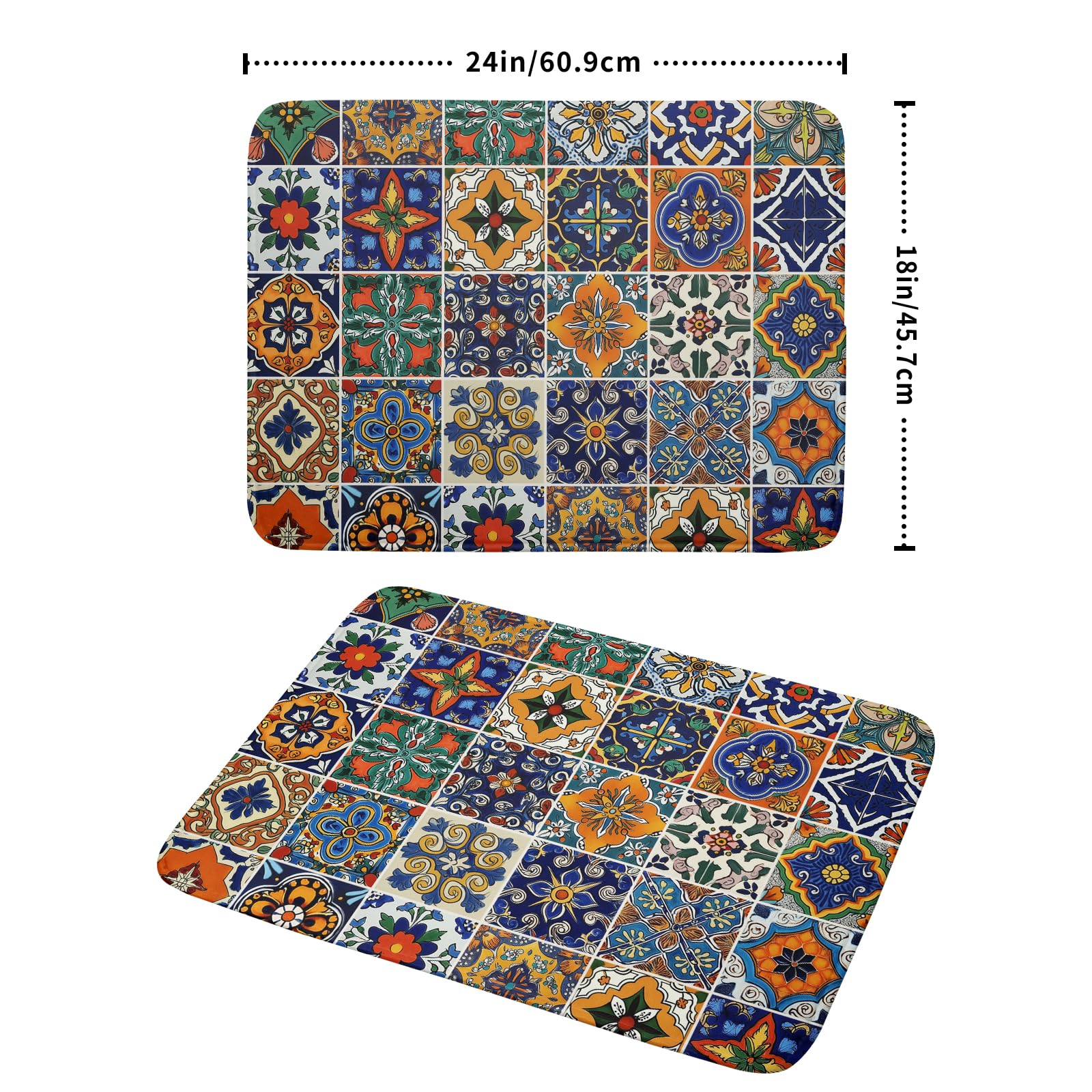 Talavera Mexican Tiles Dish Drying Mat for Kitchen Counter 18x24 Inch Mexican Flower Decorations Dish Draining Mat Mexican Tilt Fast Absorbent Tableware Dishes Pad for Coffee Bar Countertop