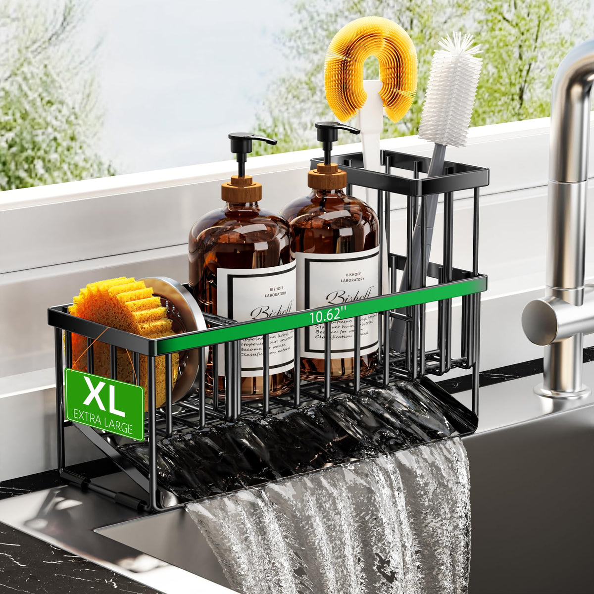 Extra Large Kitchen Sink Caddy Organzier with High Brush Holder