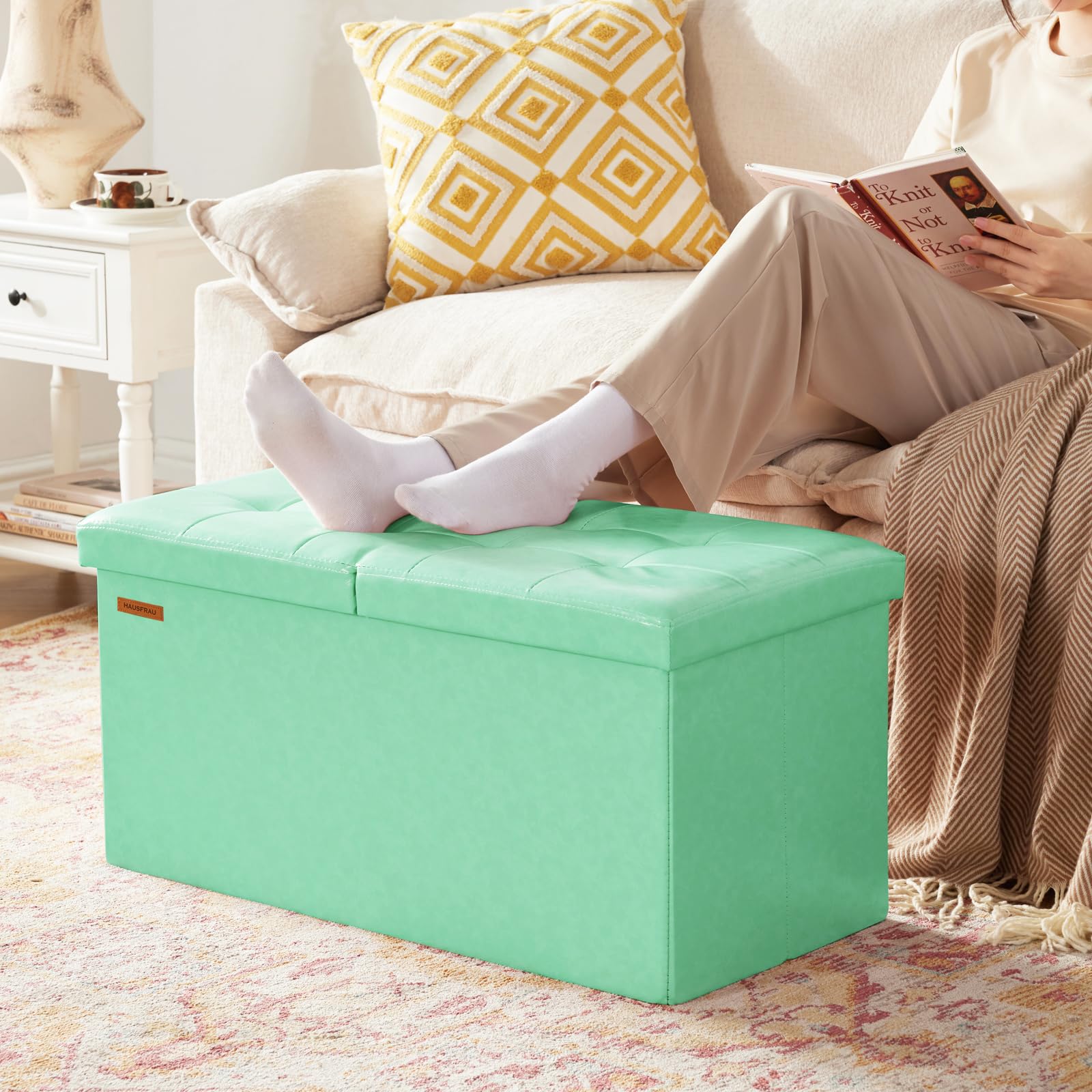 Ottoman with Storage Bench Folding Foot Rest Stool Teal