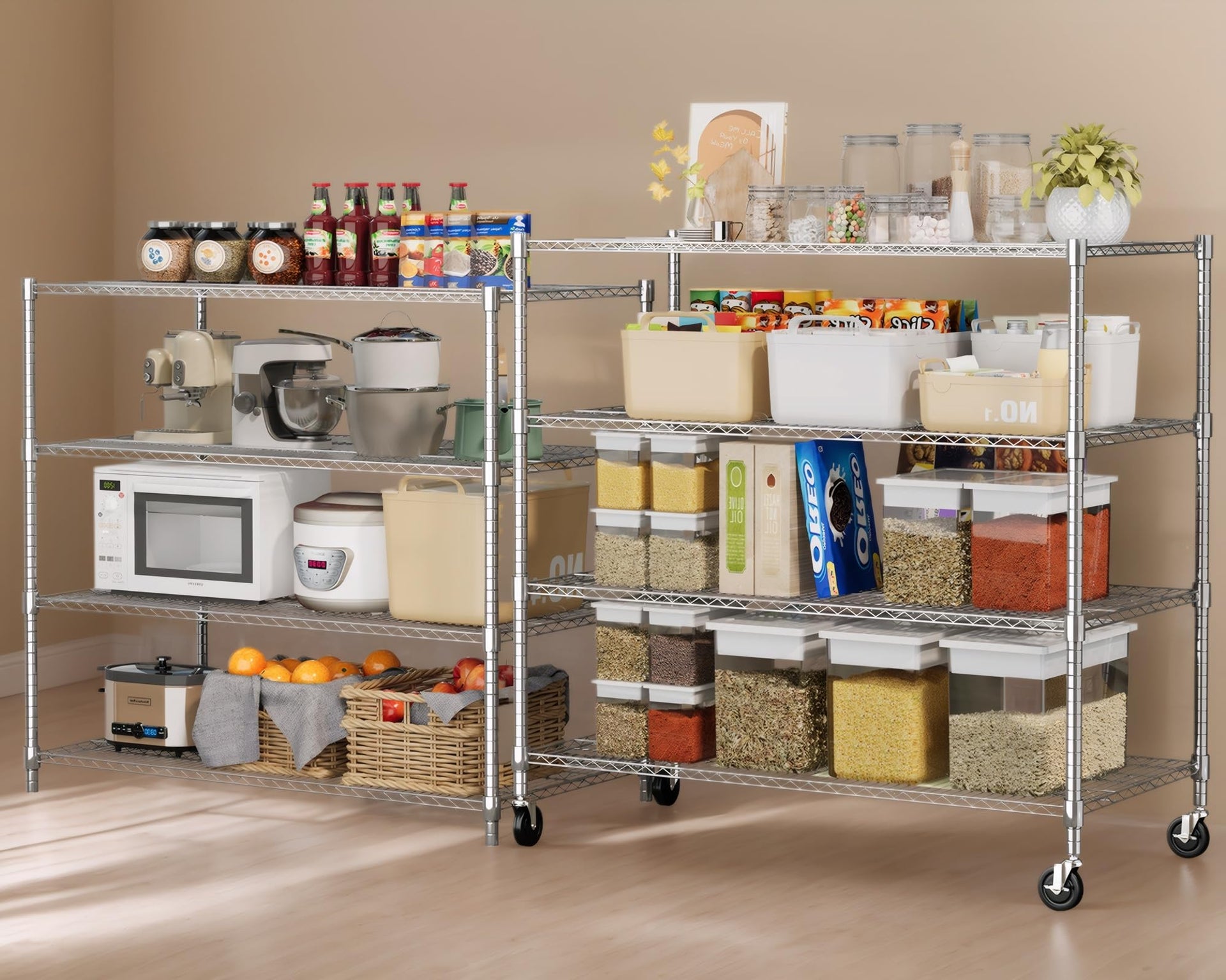 4 Tier Wire Shelving with Wheels Heavy Duty Height Adjustable Metal Shelves for Storage