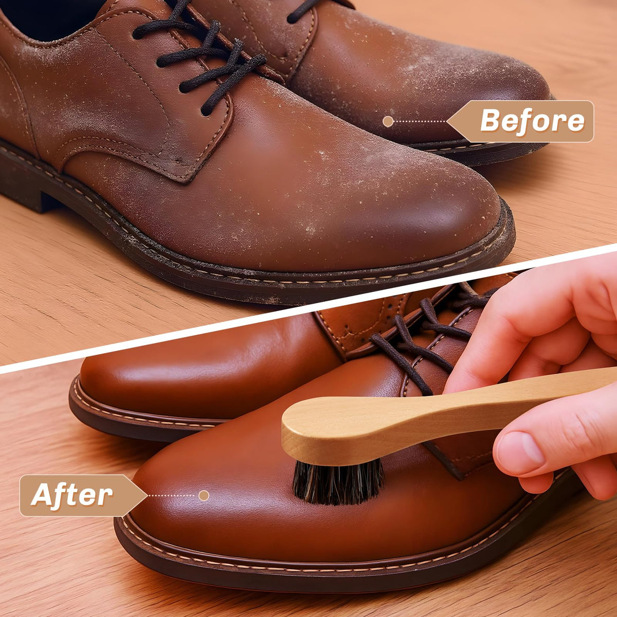 4 Pcs Horsehair Shine Shoes Brush Kit Polish Dauber Applicators Cleaning Leather Shoes Boots Care Brushes Suede Cleaner Brush with Microfiber Shoe Cloth