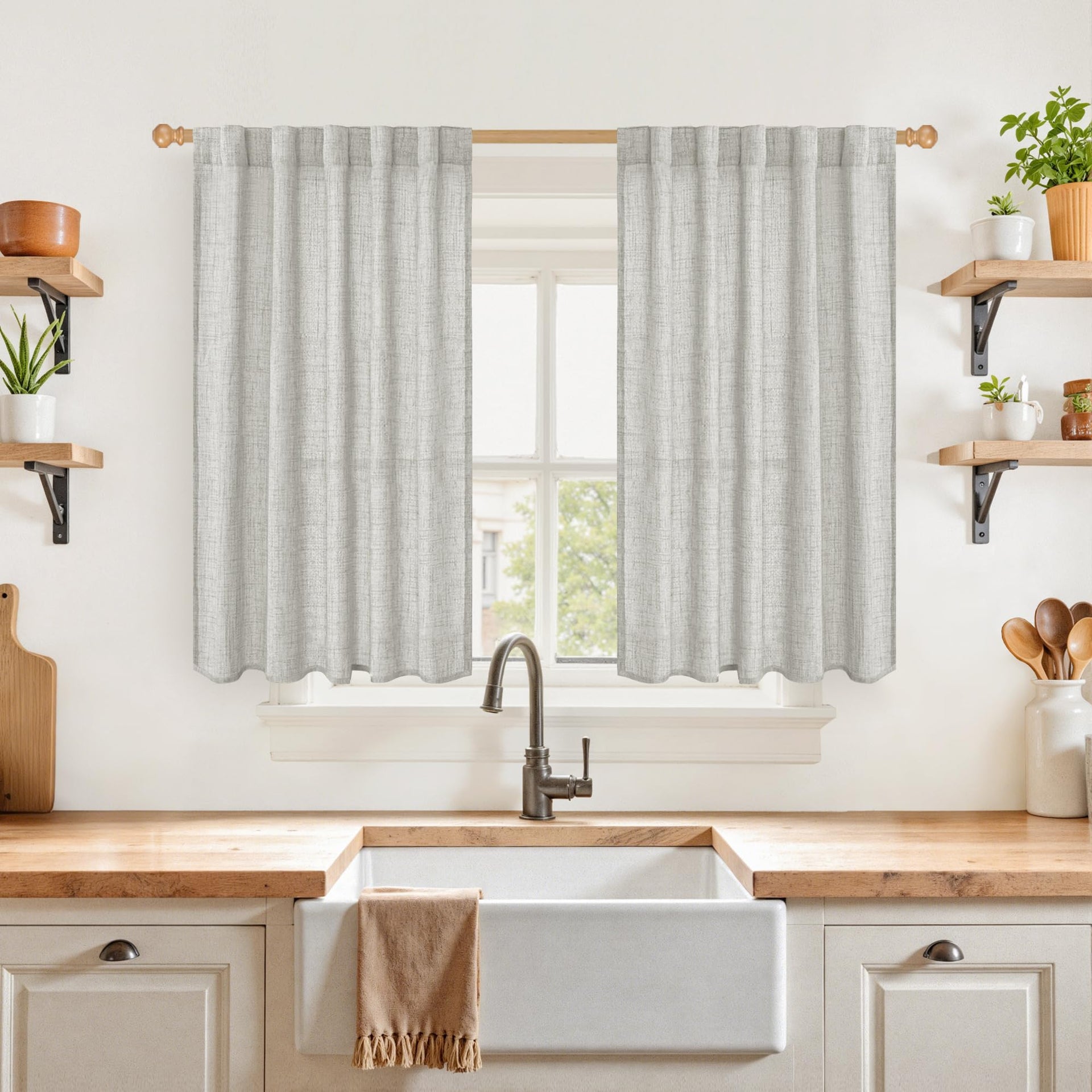 Light Grey Linen Semi Sheer Curtains 40 Inches Long for Kitchen Window (2 Count)