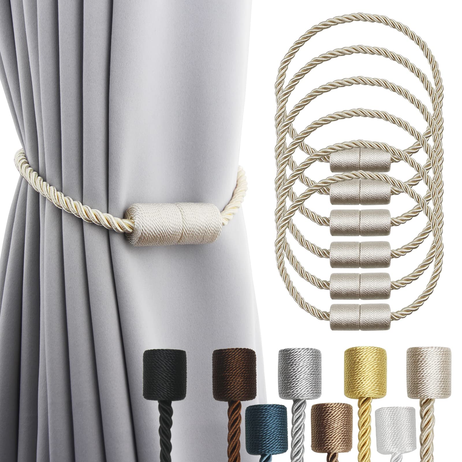 6 Pack Beige Strong Magnetic Curtain Tiebacks Outdoor Elegant Decorative Tie Backs Modern Rope Tiebacks for Drapes Window Curtain Holdbacks for Draperies (6 Count)