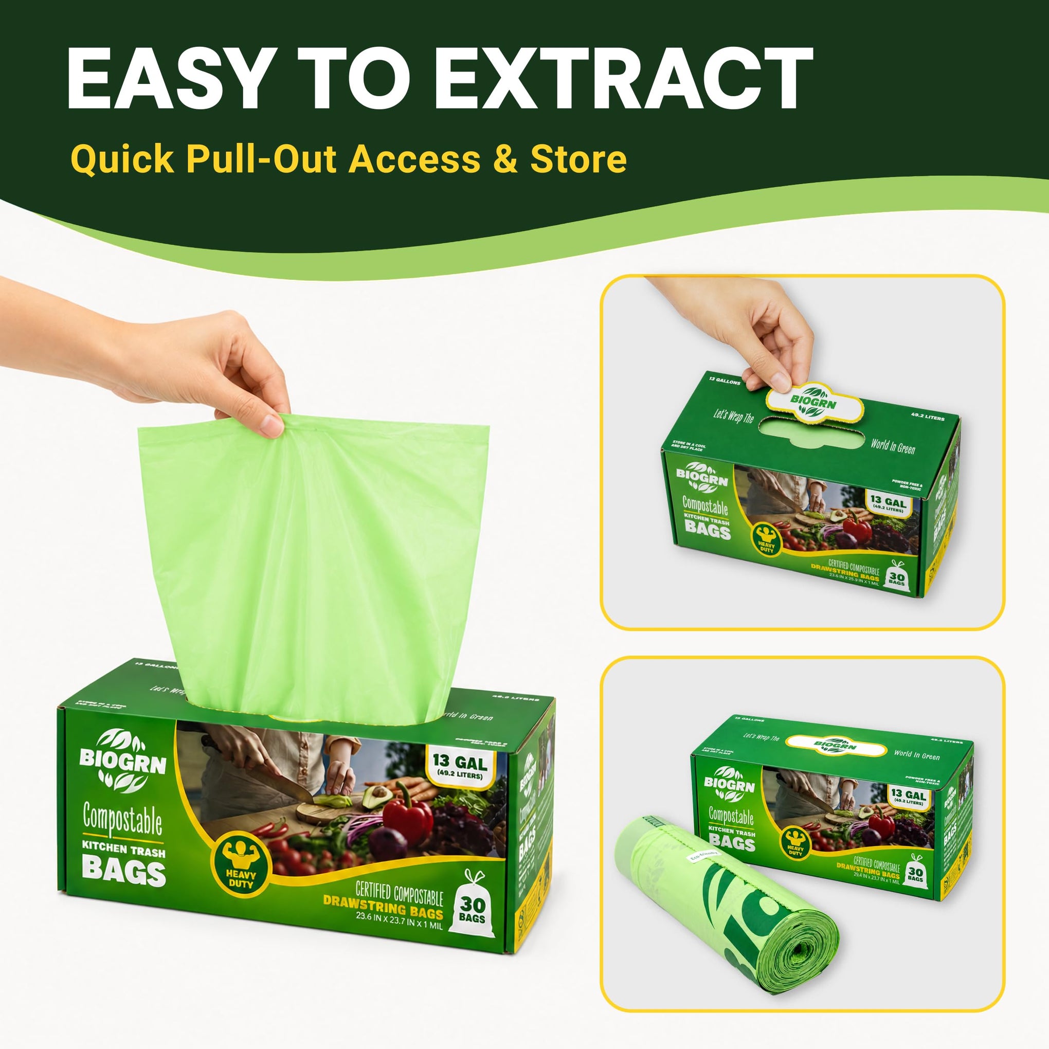 10 13 Gallon Compostable Trash Bags Drawstring 30 Bags Heavy Duty Extra Thick 1 Mil 49.21 Liter Biodegradable Trash Bags Compost Bags Green for Kitchen ASTM D6400 US BPI and OK Compost Home Certified (30 Count)