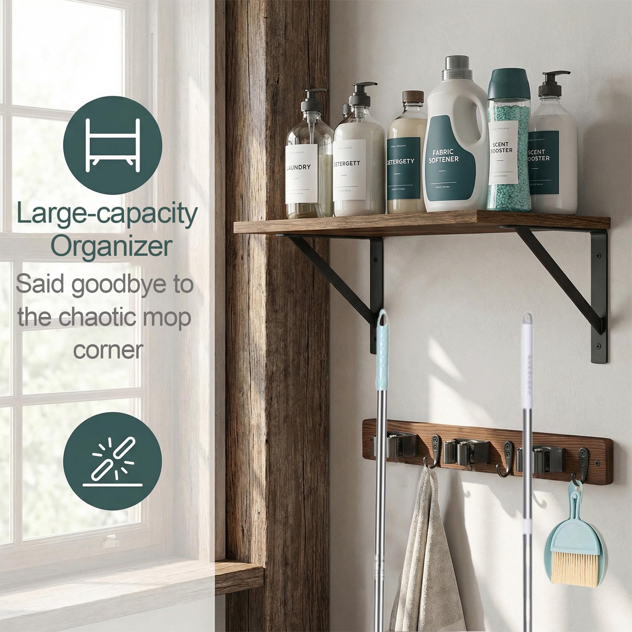 Broom and Mop Organizer Wall Hanging with Cleaning Supplies Organizer Shelf Rustic Farmhouse Wood Broom Mop Holder Storage Rack for Laundry Room Garage