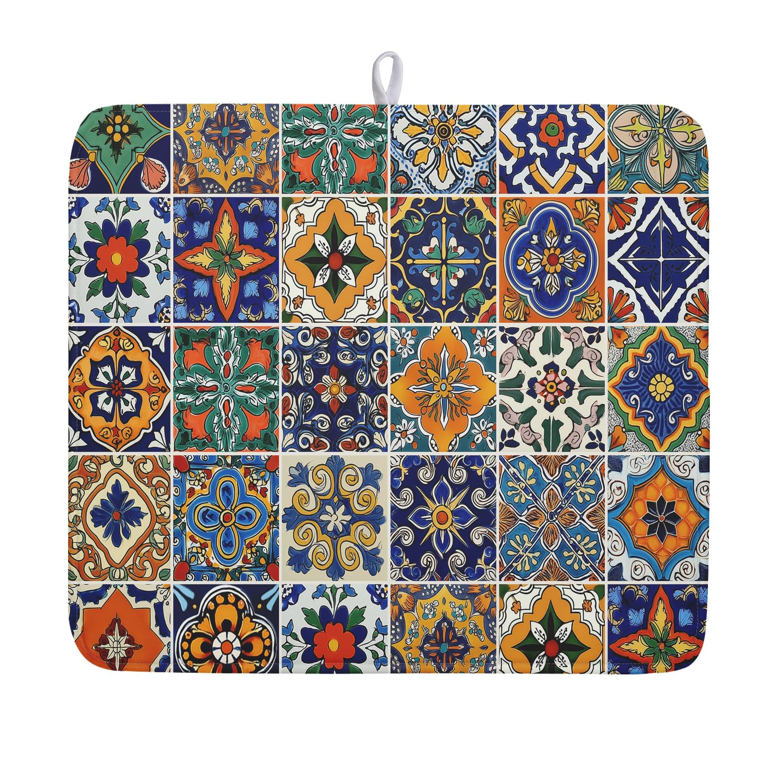Talavera Mexican Tiles Dish Drying Mat for Kitchen Counter 16x18 Inch Mexican Flower Decorations Dish Draining Mat Mexican Tilt Fast Absorbent Tableware Dishes Pad for Coffee Bar Countertop