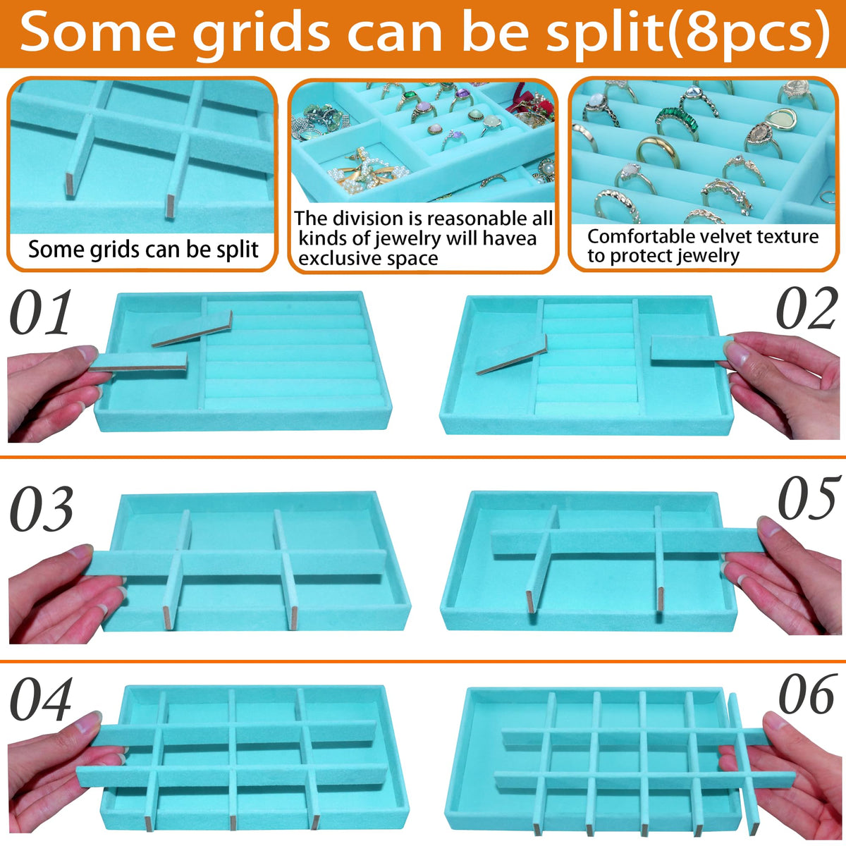 8 Pcs Velvet Jewelry Tray Stackable Jewelry Drawers Organizer Trays Rings Earrings Bracelet Organizer (8 Count)