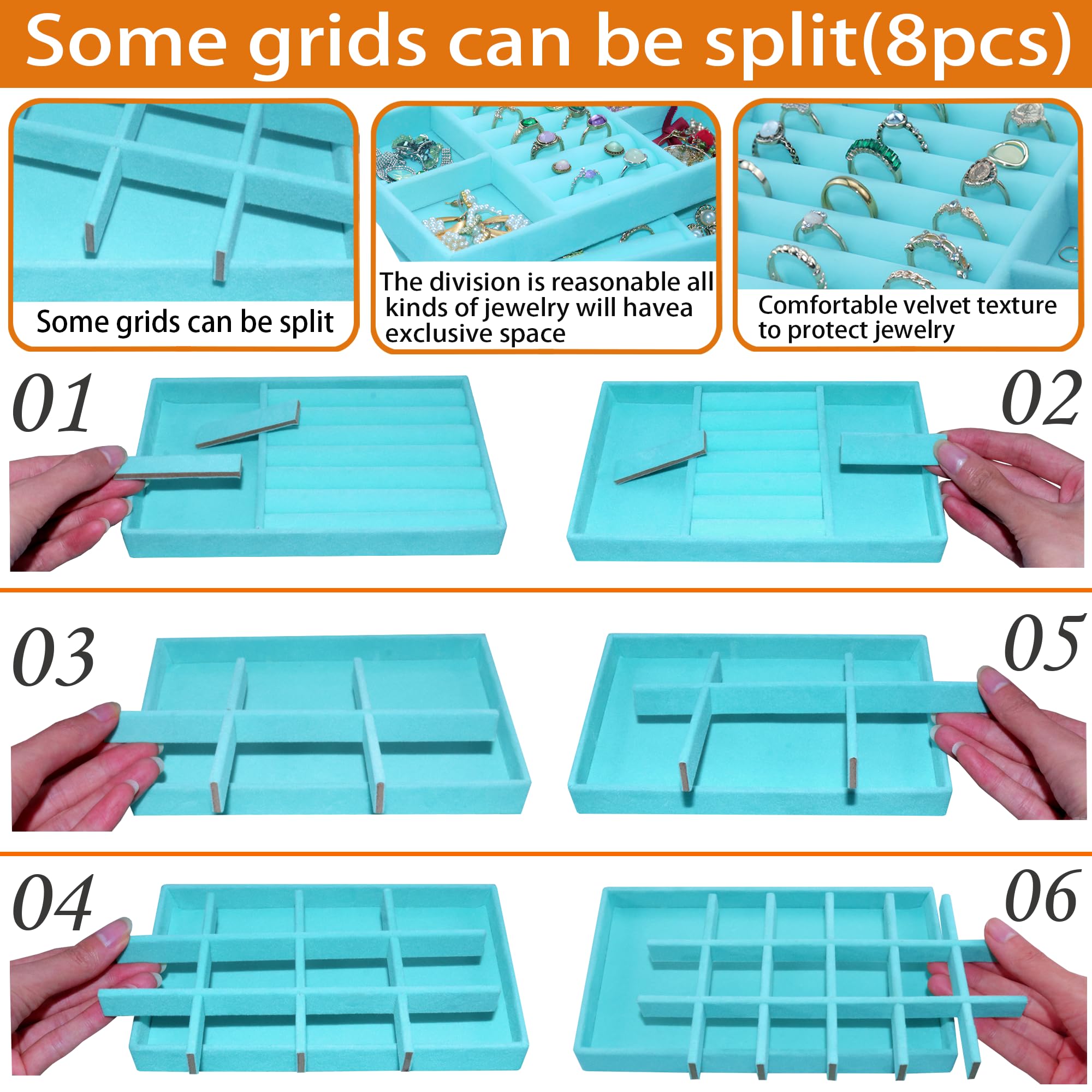 8 Pcs Velvet Jewelry Tray Stackable Jewelry Drawers Organizer Trays Rings Earrings Bracelet Organizer (8 Count)