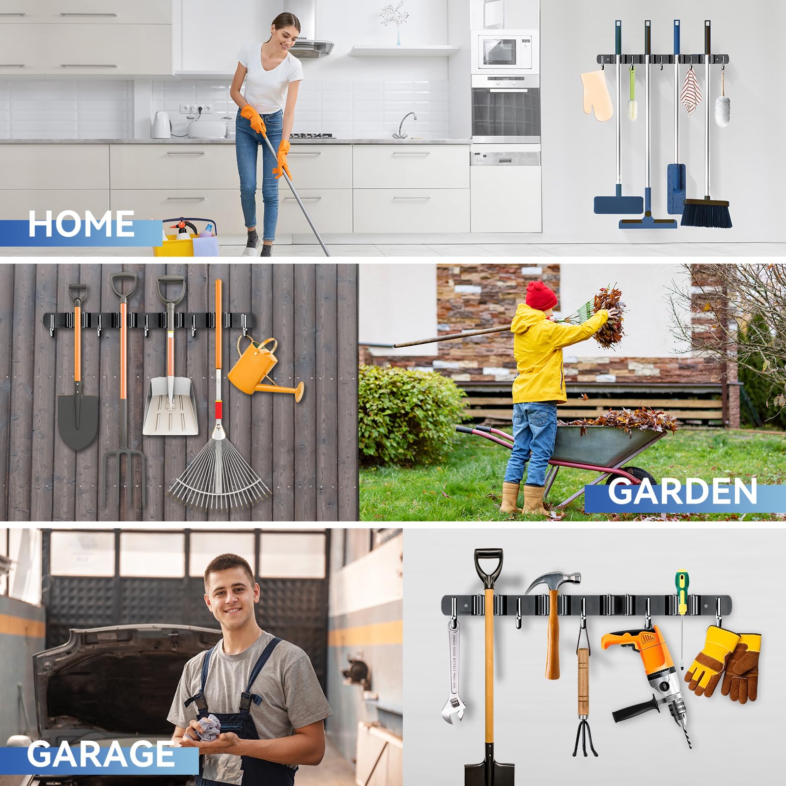 2 Pack Mop Broom Holder Wall Mount 4 Racks 5 Hooks Storage Black (2 Count)