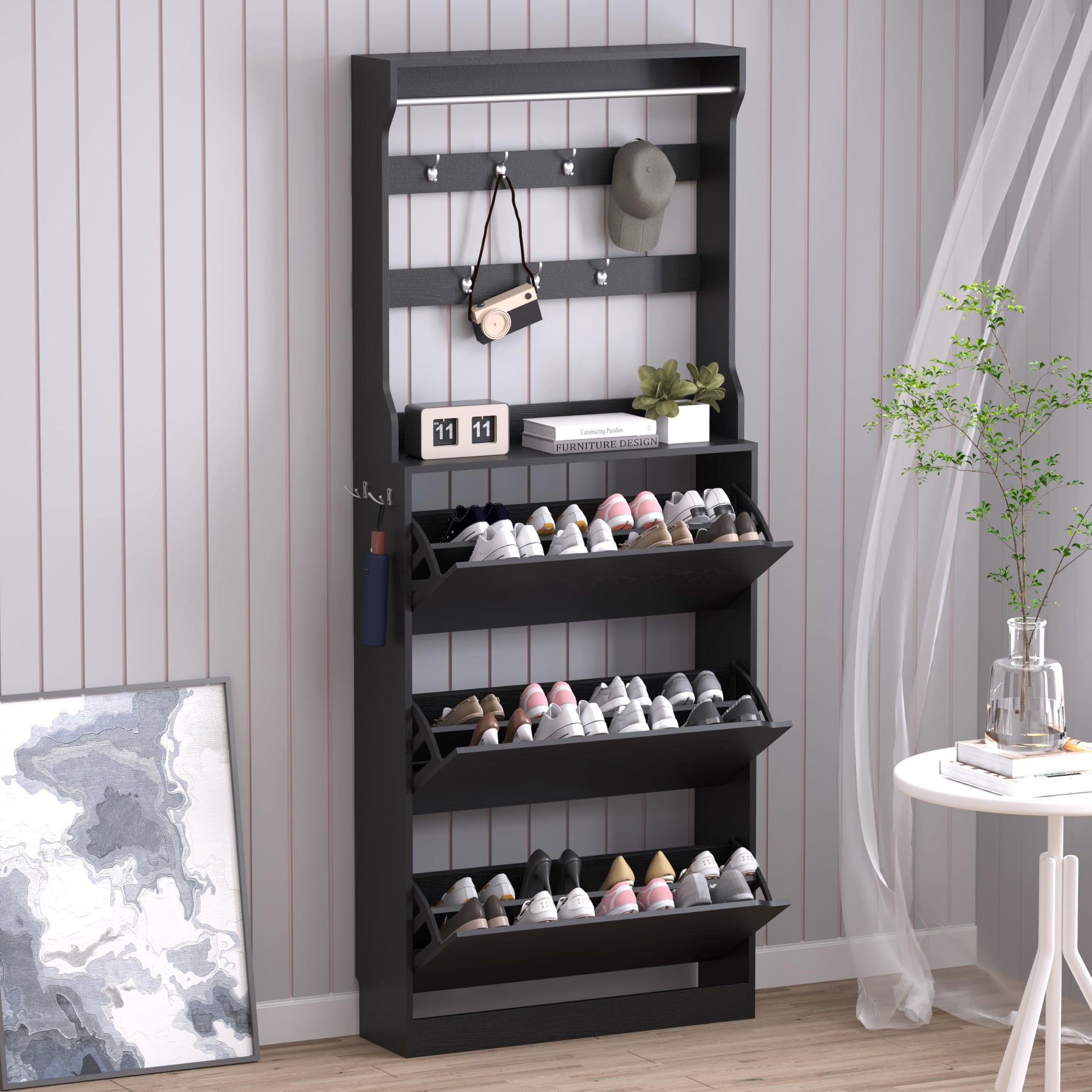 Shoe Cabinet with 3 Flip Drawers & Coat Rack