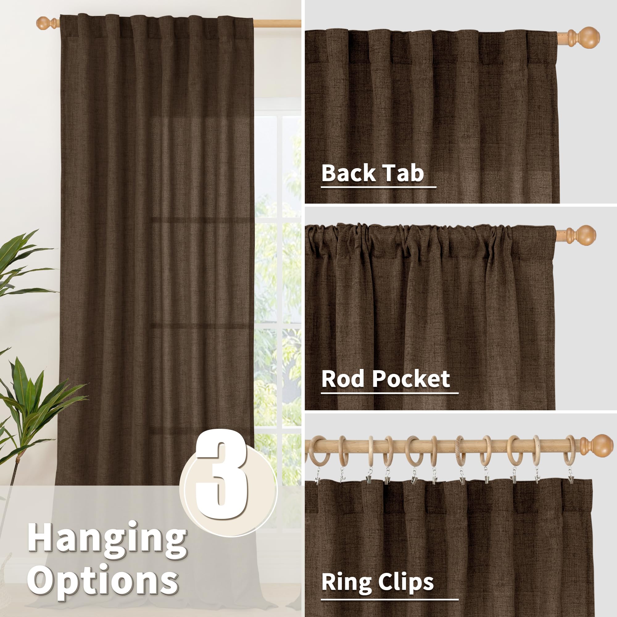 Brown Linen Curtains 40 Inch Length for Small Window (2 Count)