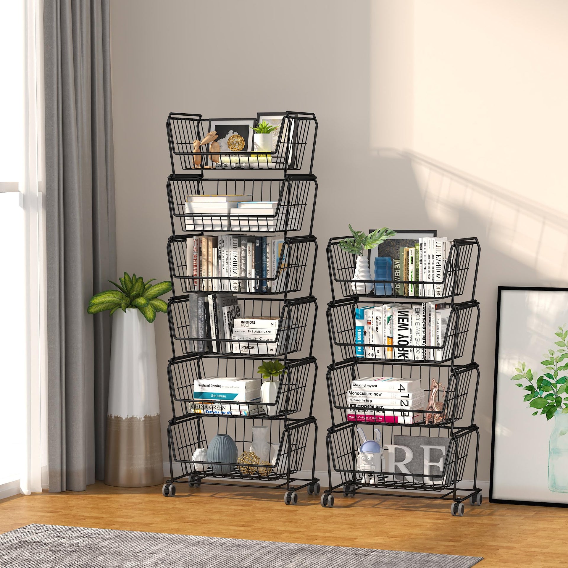 4 Tier Spacious Stackable Wire Storage Baskets with Wheels
