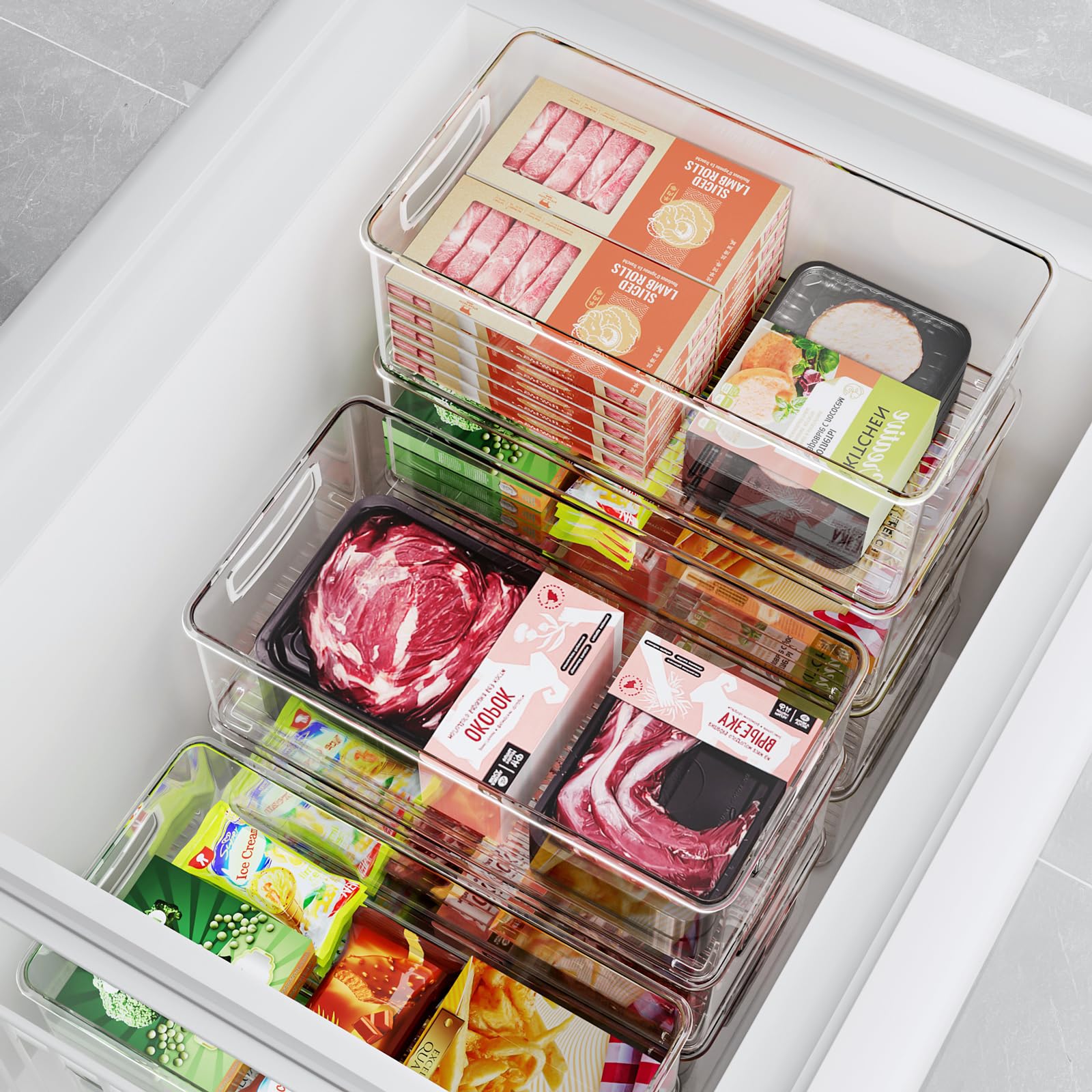 8 PACK Freezer Organizer Bins Fridge Organizers and Storage Stackable Refrigerator Organizers Bins with Side Handles Clear Storage Bins for Pantry (8 Count)