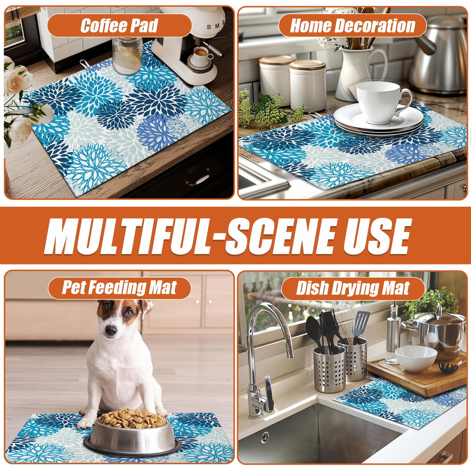 Blue Floral Dish Drying Mat for Kitchen Counter Microfiber Absorbent Dish Kitchen Drying Mat Draining Reusable Washable for Dishes