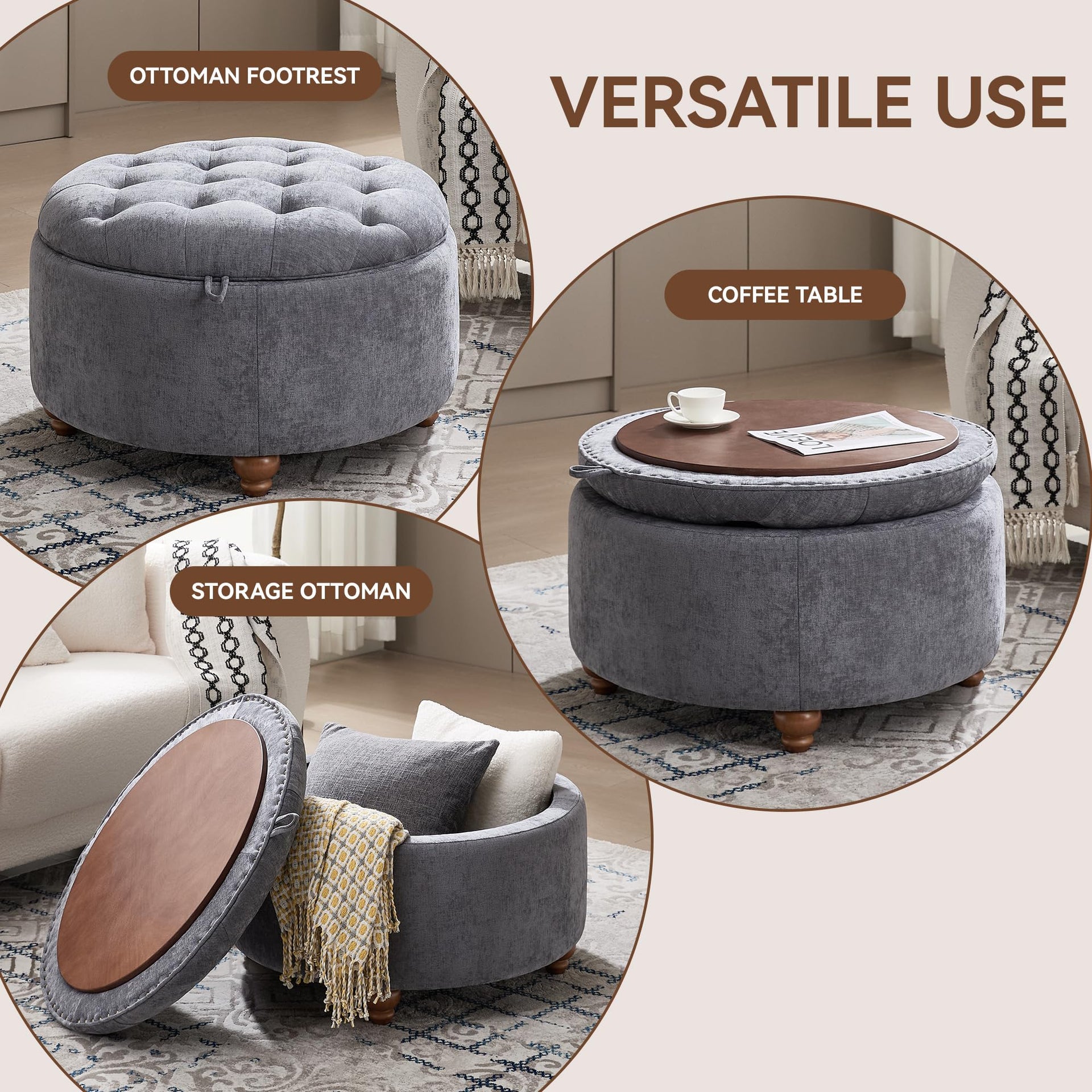 30Inch Round Storage Ottoman with Tray