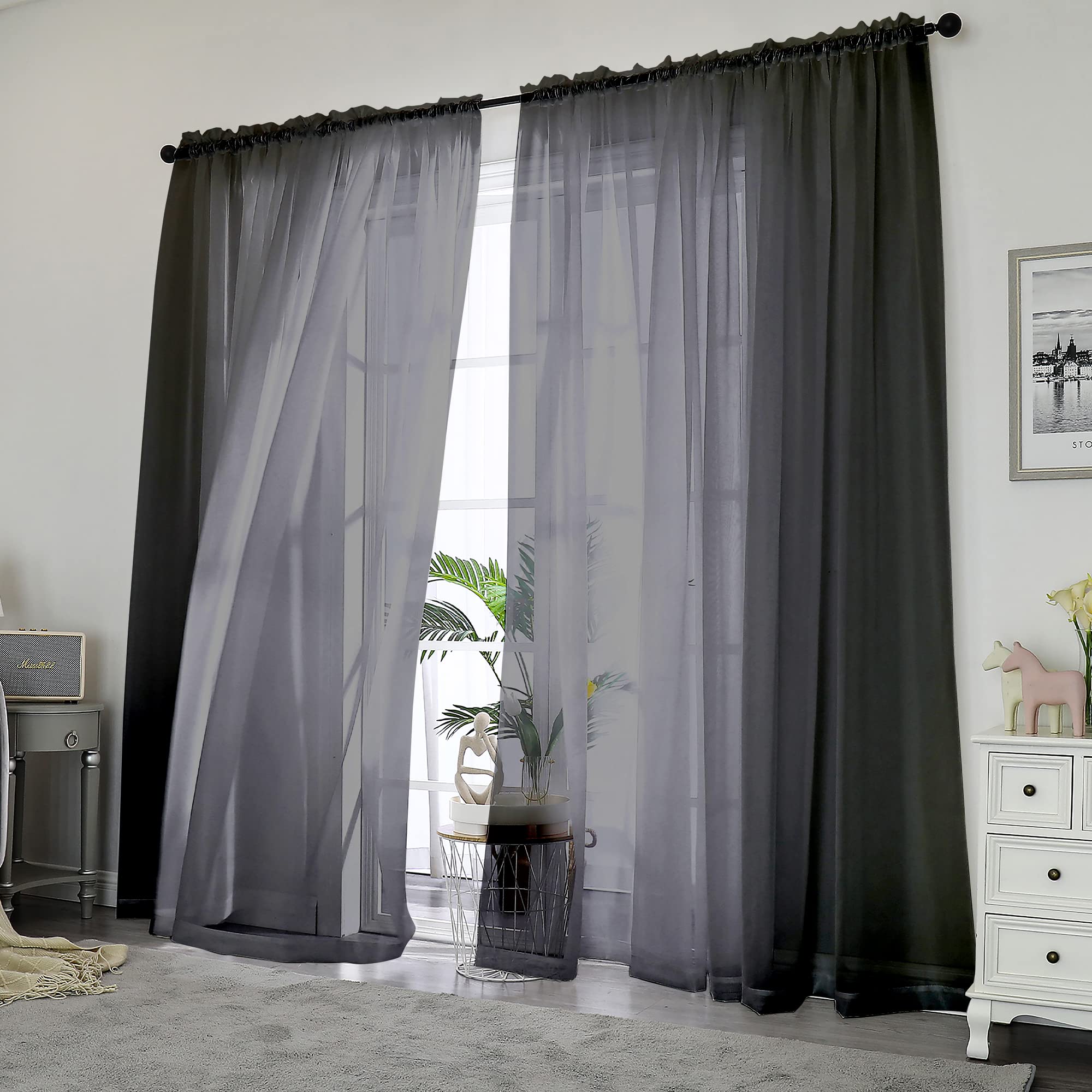 2 Panels Solid Color Sheer Window Curtains 108 Inches Long