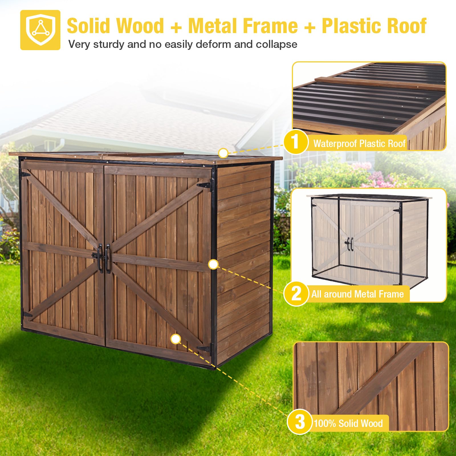Outdoor Storage Cabinet Trash Can Storage Shed Upgraded with Metal Frame for Garbage Can