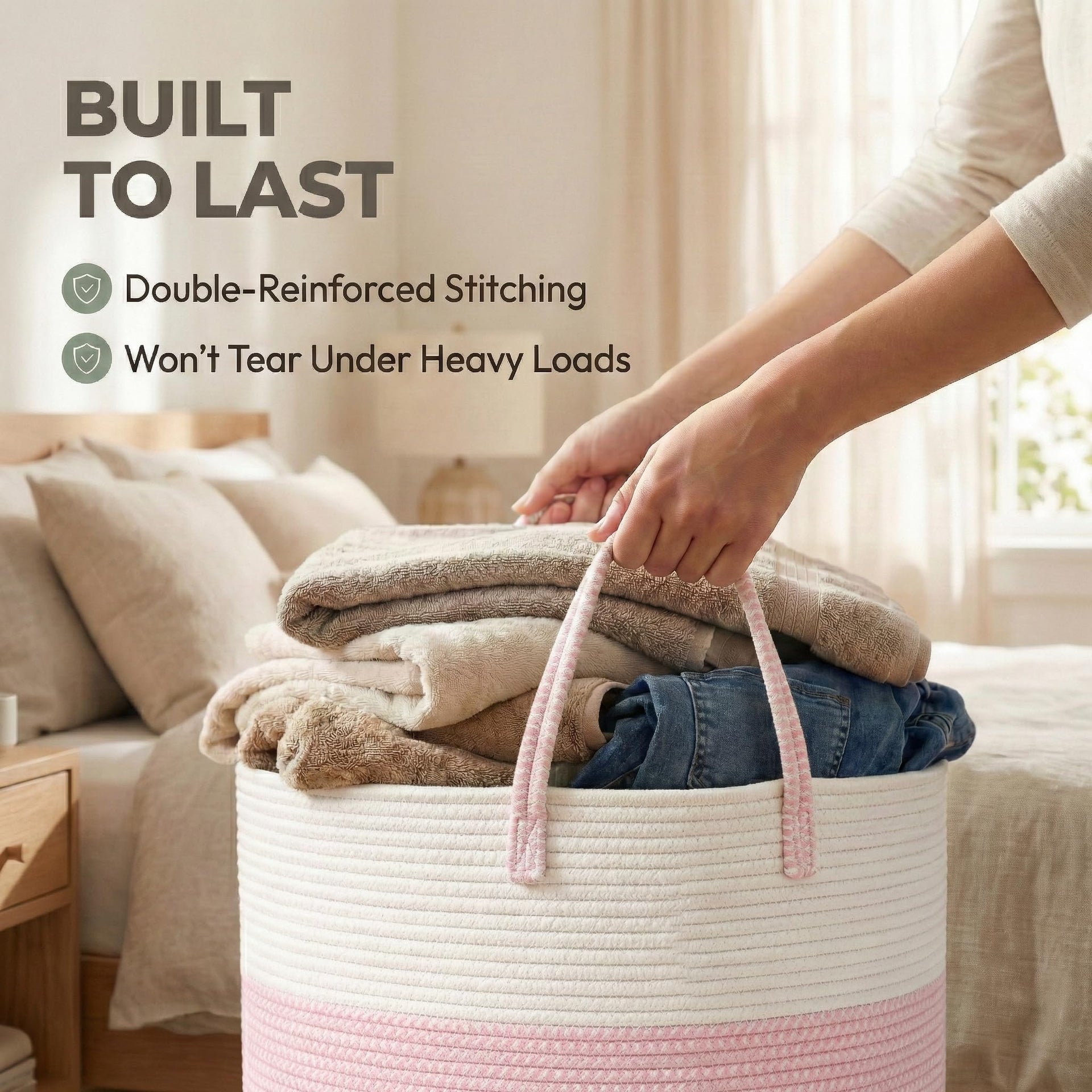 65L Extra Large Machine Washable Cotton Rope Blanket Basket