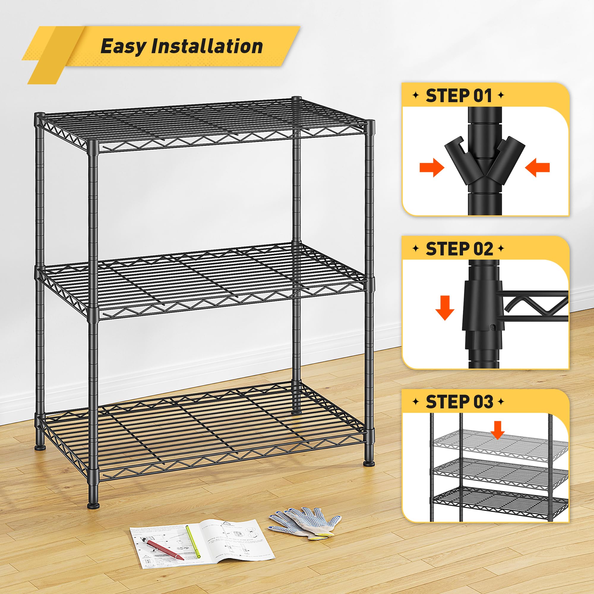 3 Tier 450LBS Adjustable Wire Shelving Unit for Kitchen