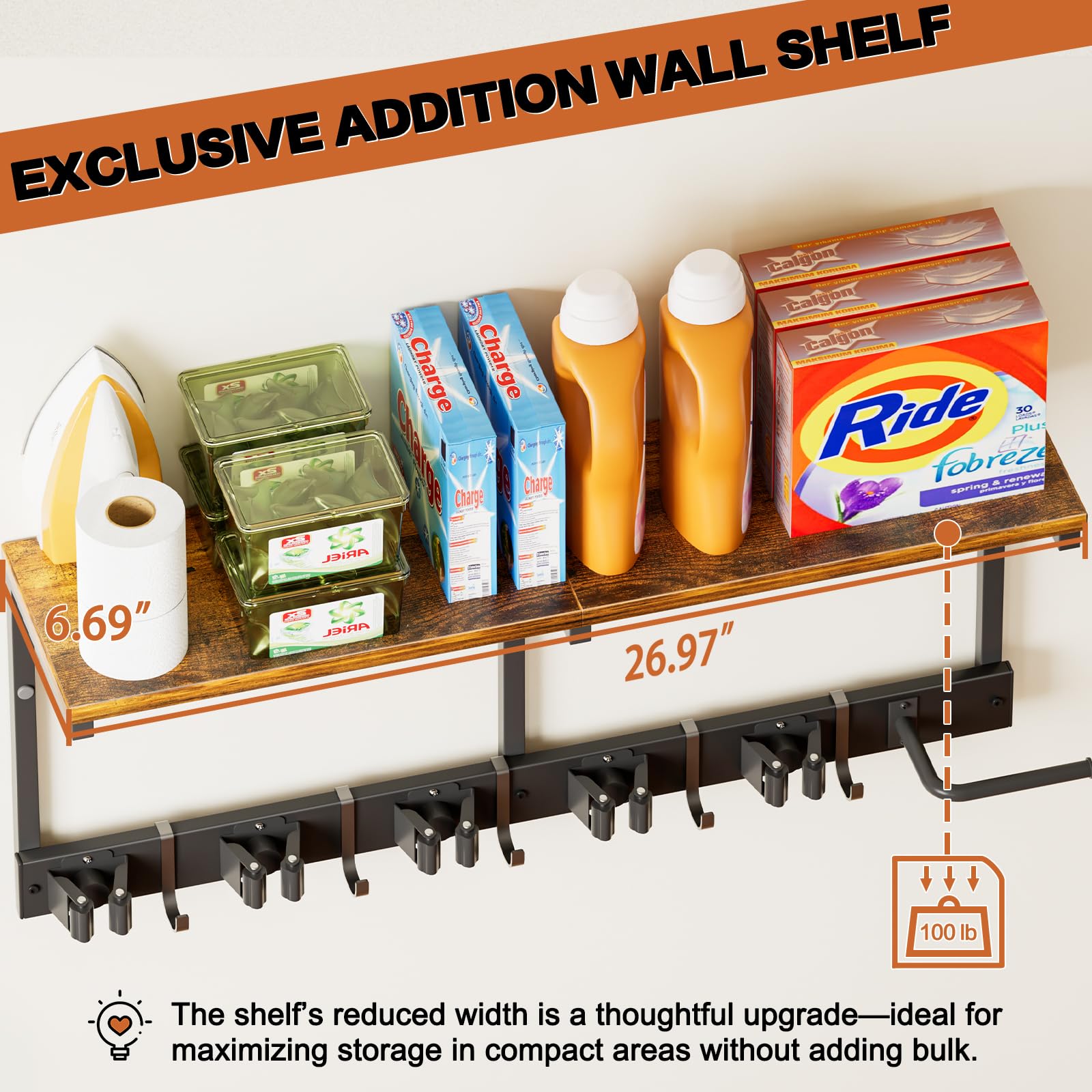 Broom Holder Wall Mount with Cleaning Supplies Organizer