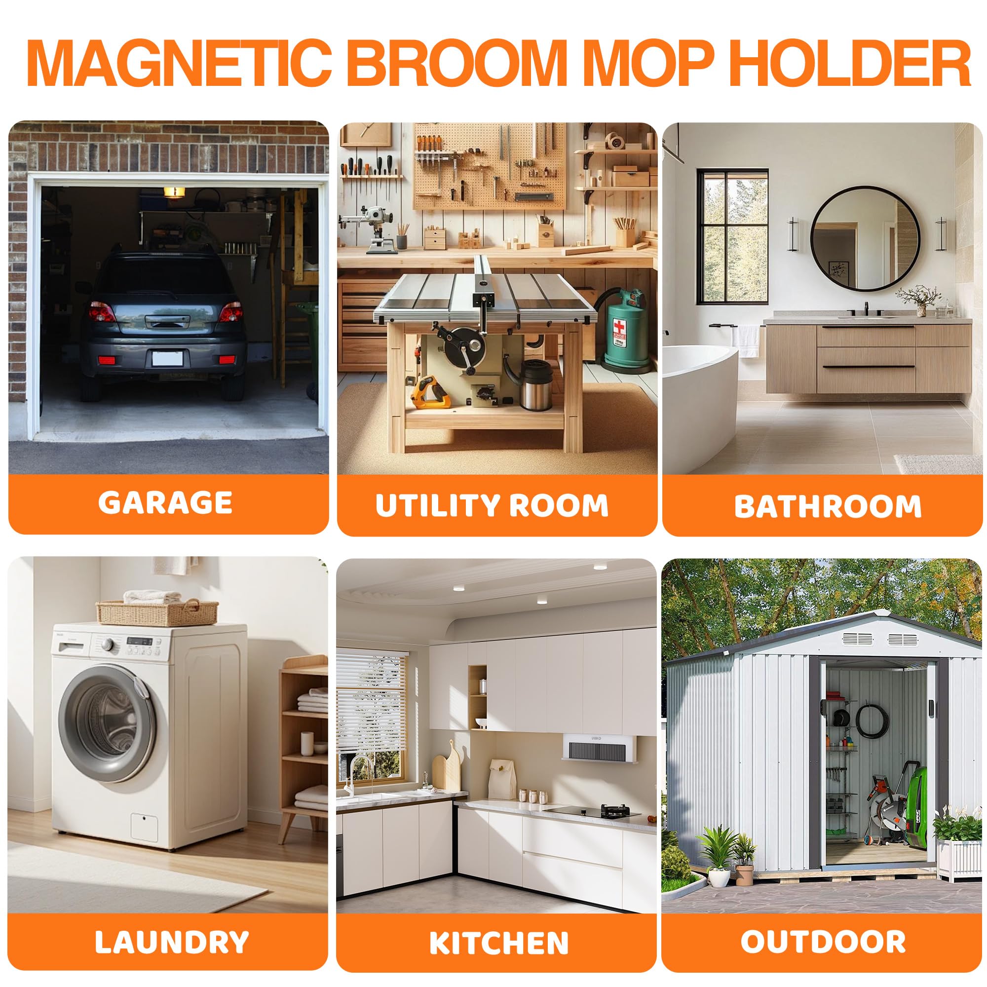 Magnetic Broom Holder Wall Mount with 4 Hooks and 5 Rack
