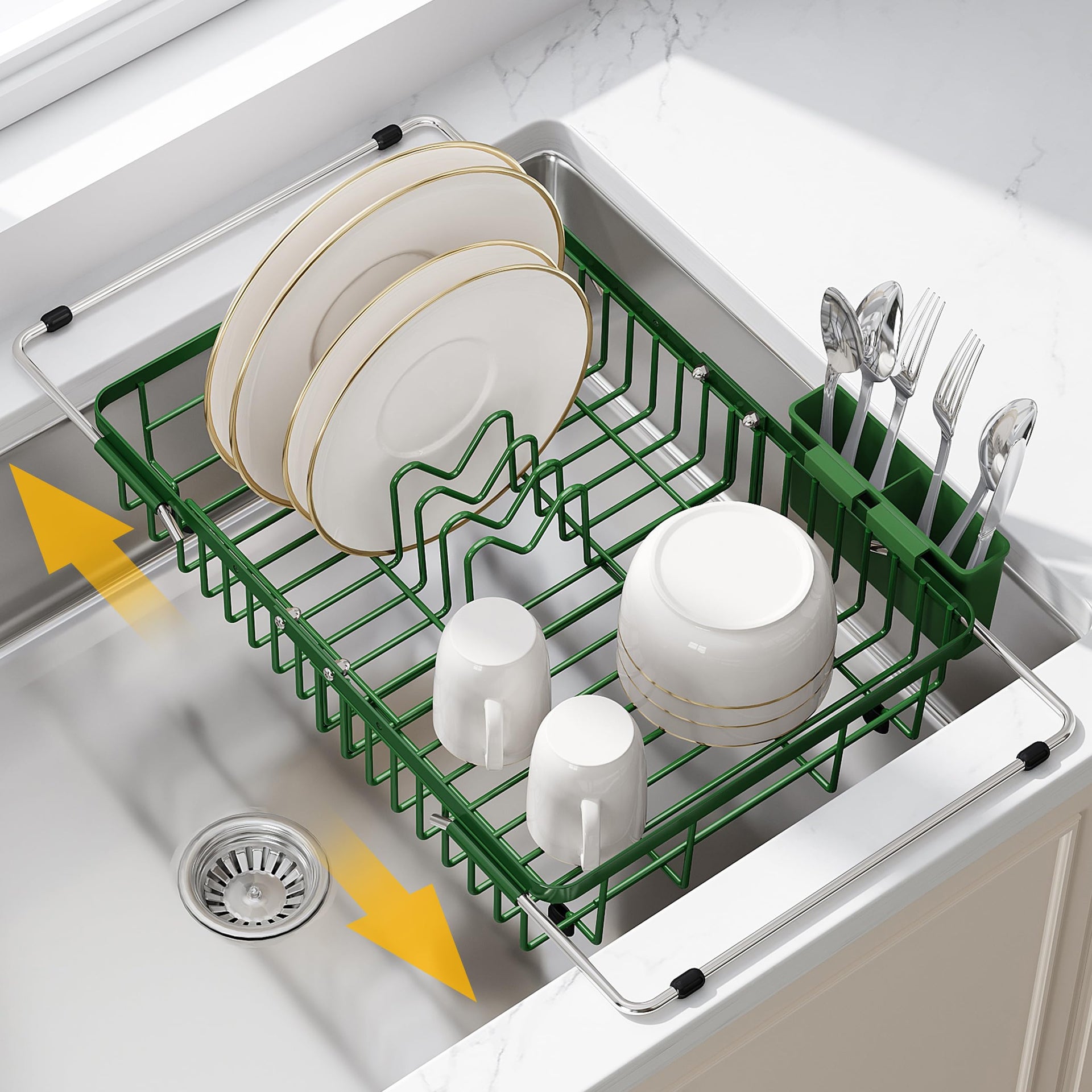 Green Dish Drying Rack Over the Sink with Utensil Holder