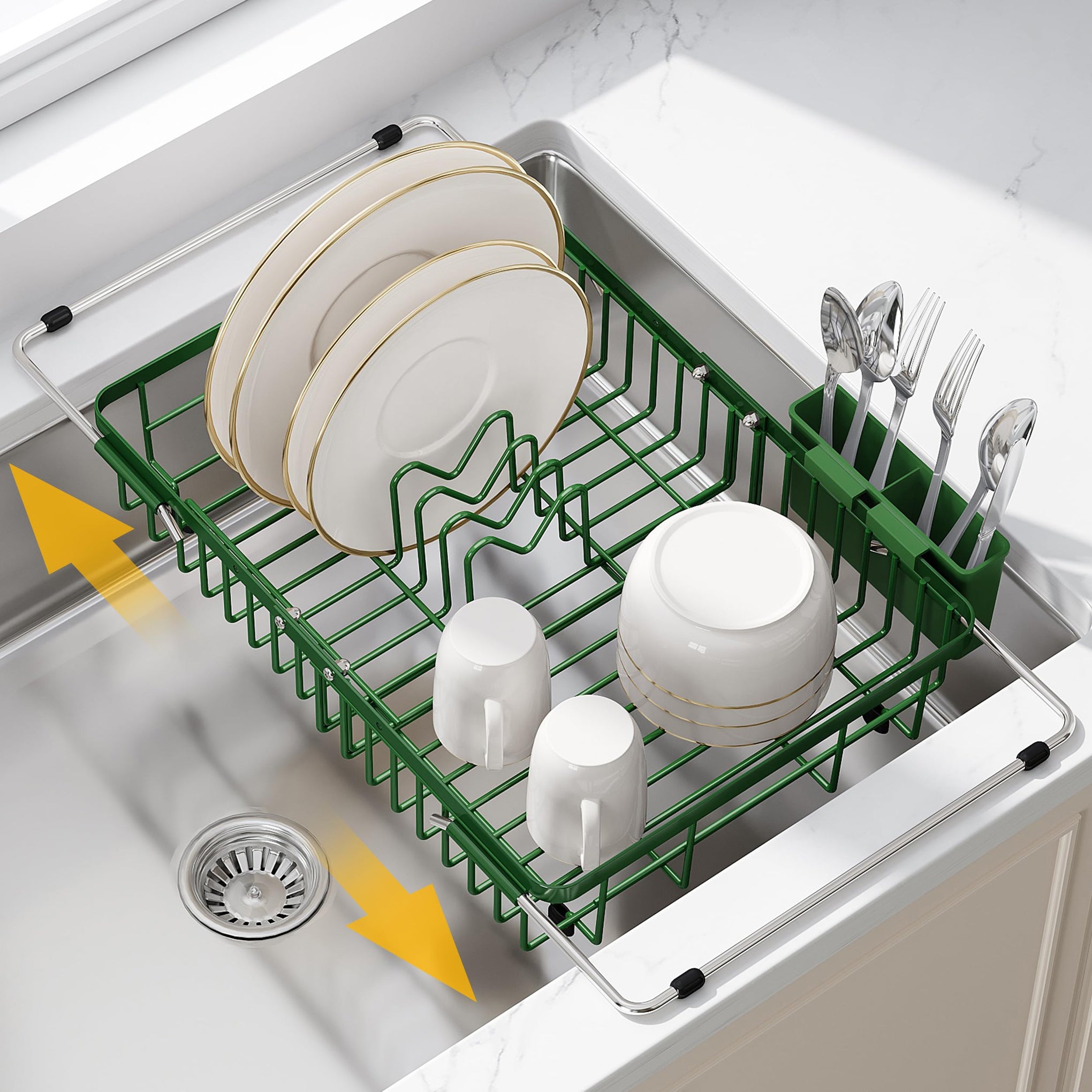 Green Dish Drying Rack Over the Sink with Utensil Holder