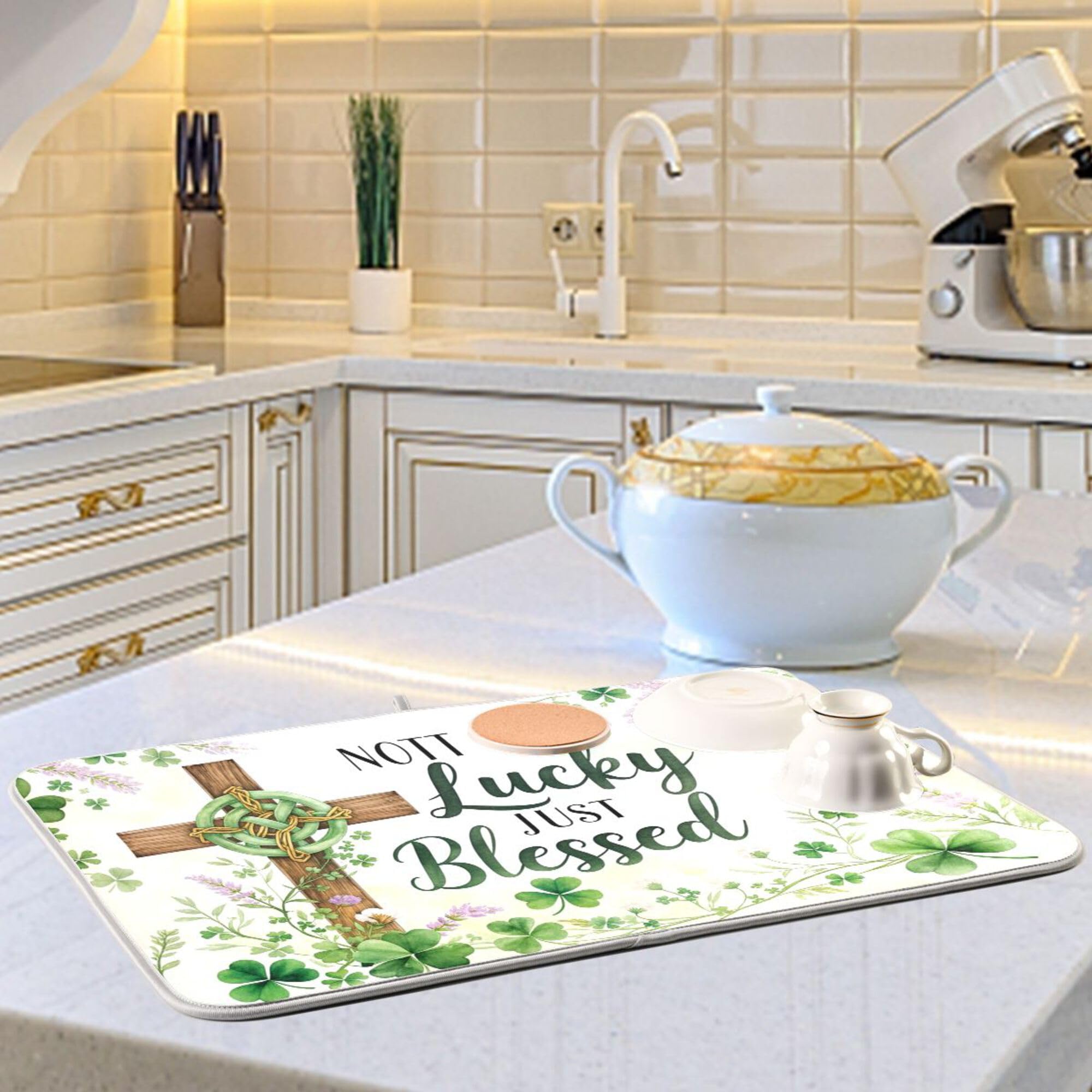 St.Patrick Days Dish Drying Mat for Kitchen Countertop 16x18 Green Shamrock Blessed Cross Small Drying Mat Reusable Quick Dry Dish Sink Mats Easy Clean Decorative Essentials