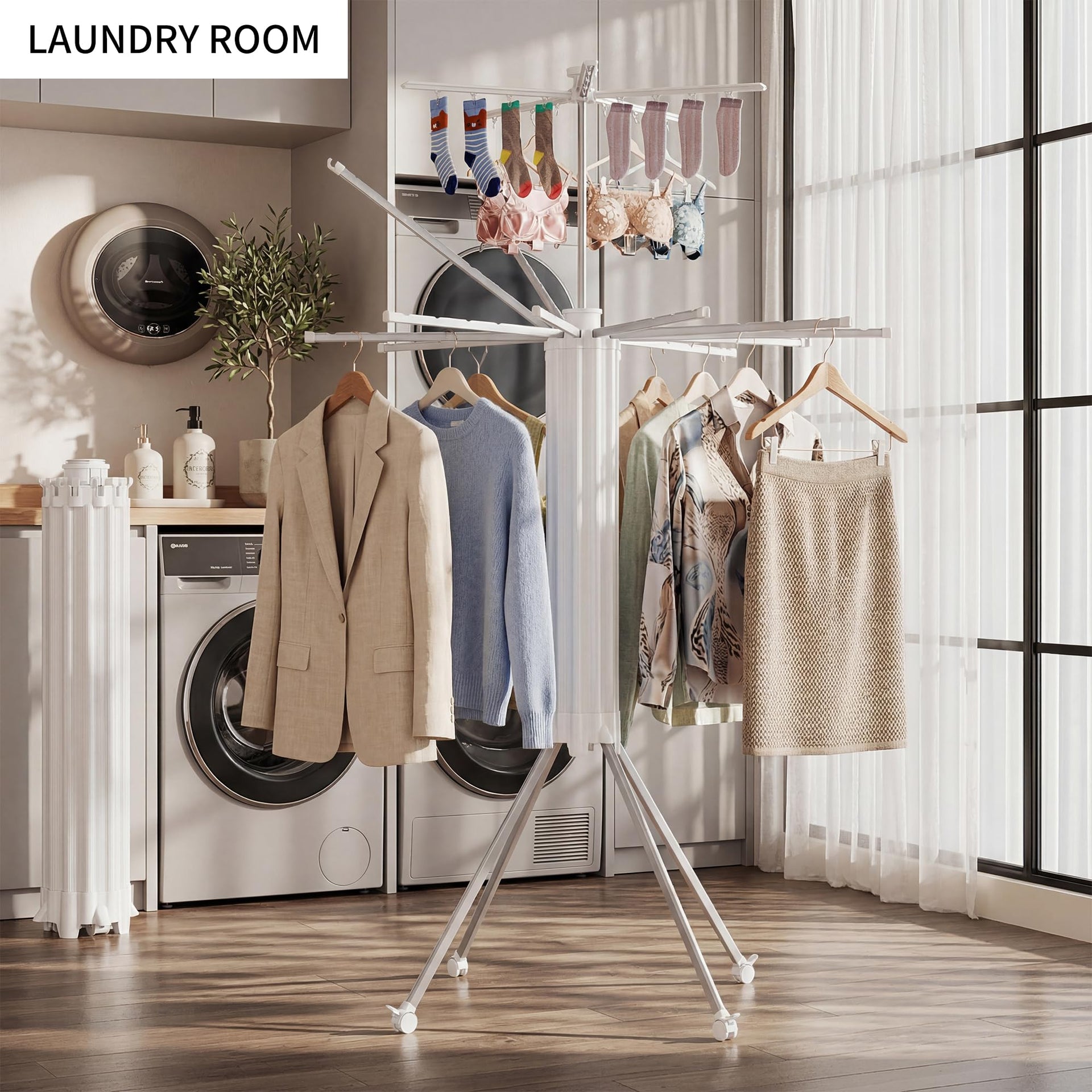 Foldable Clothes Drying Rack Aluminum 4 Legs 16 Rods Double Layer