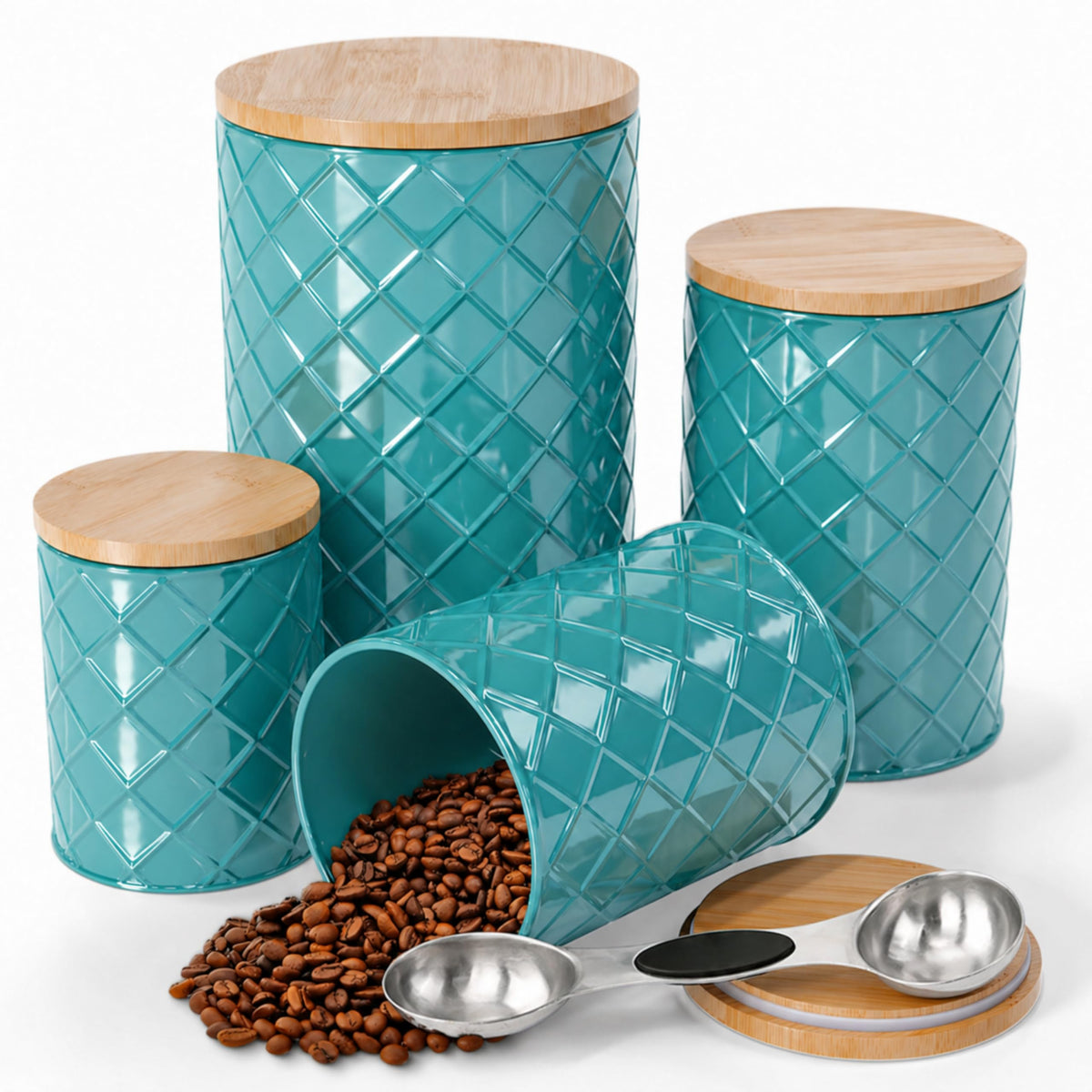 Coastal Teal Metal Canister Set for the Kitchen with Measuring Spoon (4 Count)