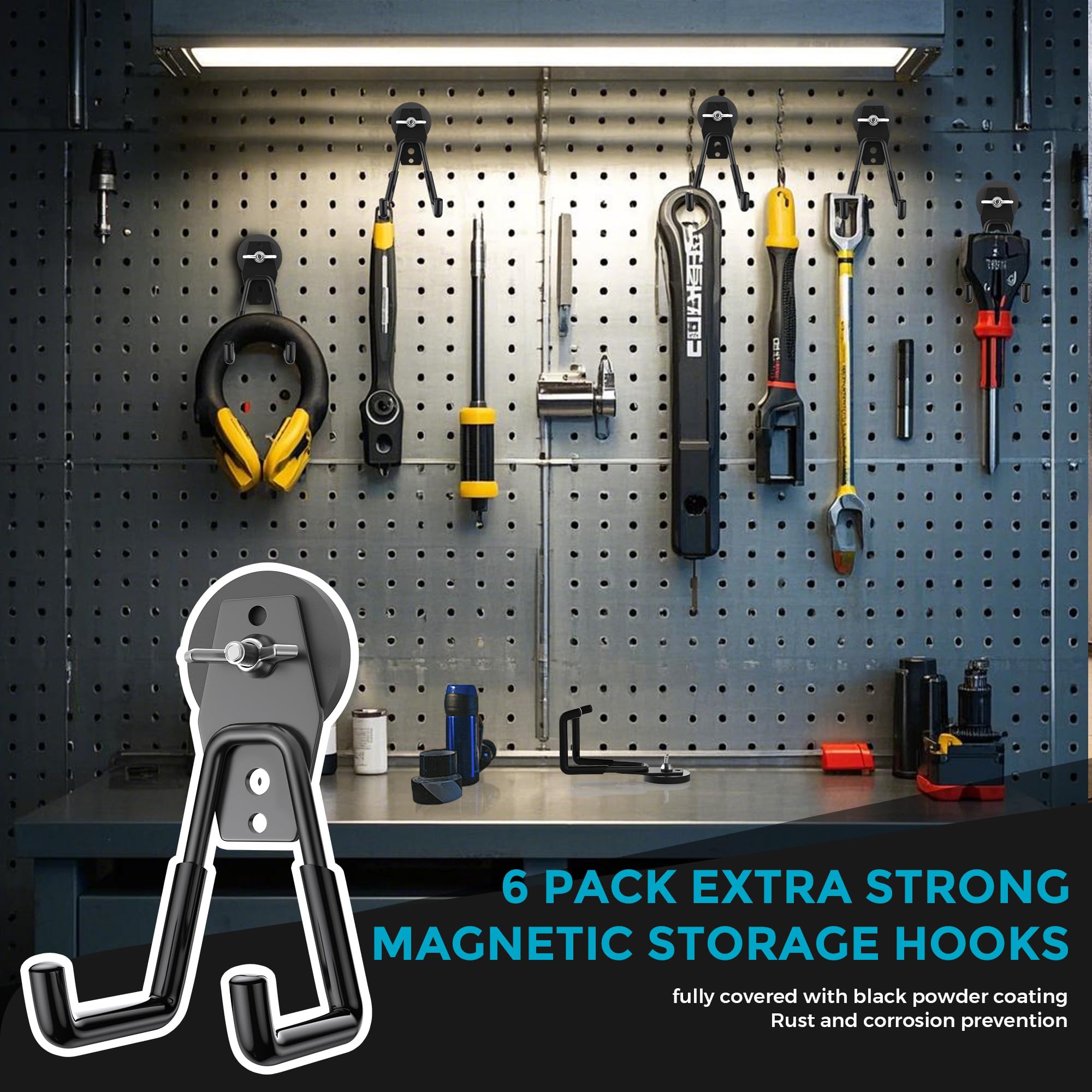 6Pcs Large Strong Magnetic Hooks Heavy Duty Garage Big Magnet Hooks Extra Strength Magnetic Utility Storage Hook Hanger with Anti Slip Coating for Garden Indoor Outdoor Hanging Tools Black (6 Count)