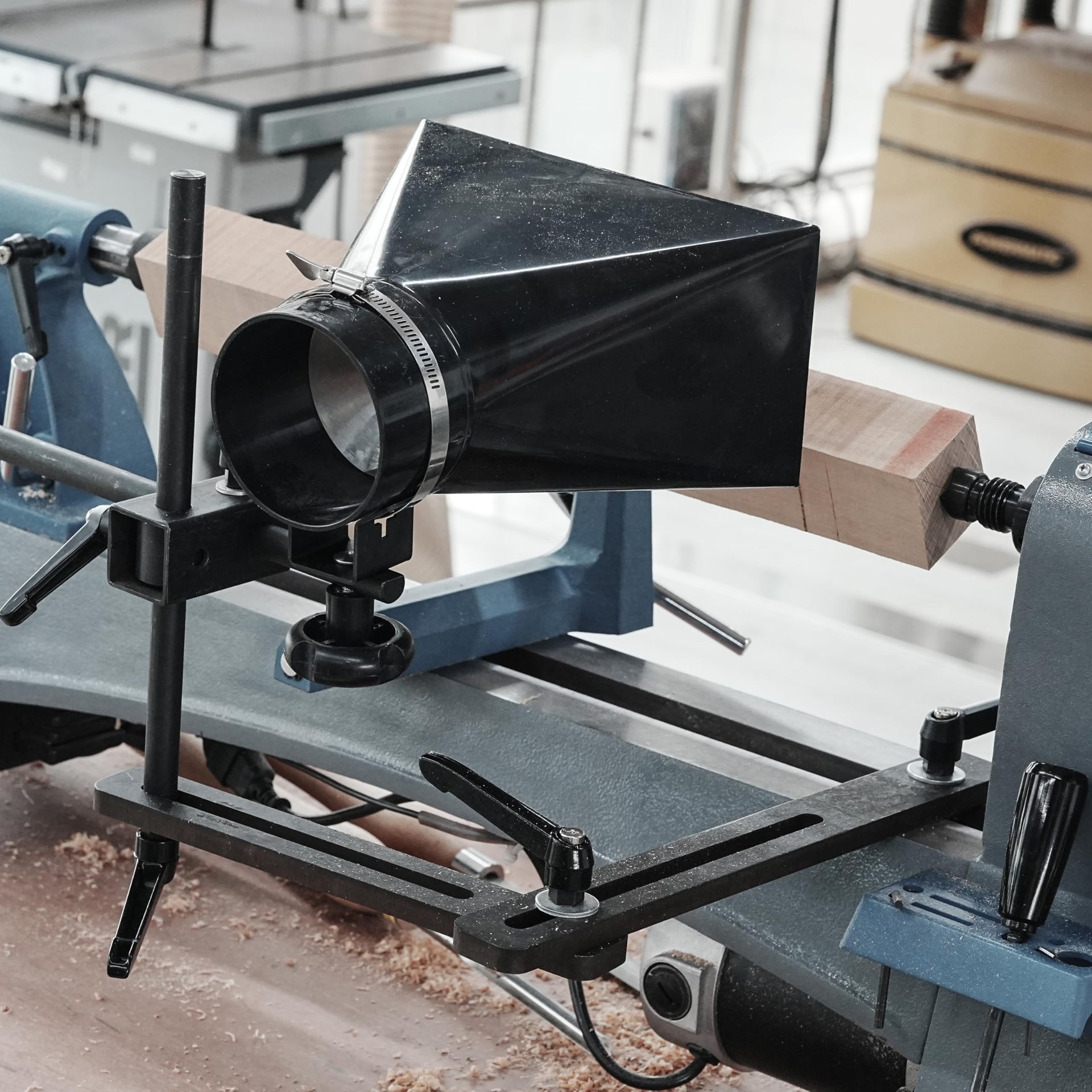 Woodturning Dust Hood Installed on Woodlathe for Effective Dust Extraction Collection